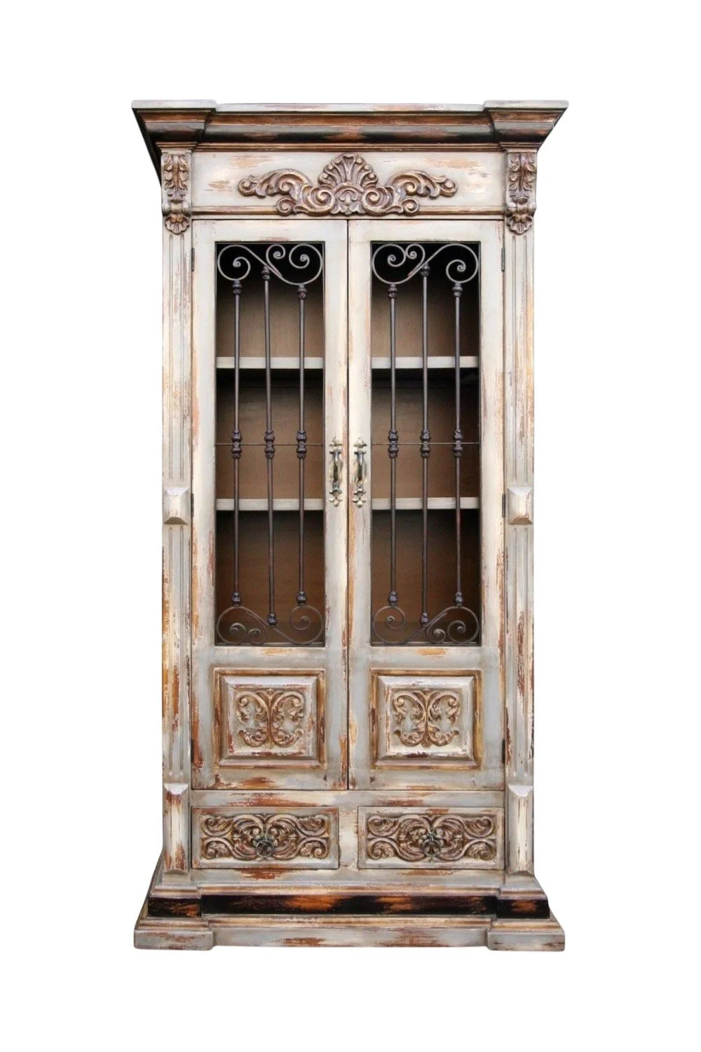 Shop the Belleza Francesa Wood Armoire handmade in Peru. Old World European cabinet with hand-carved details, wrought iron doors, and timeless artisan elegance.