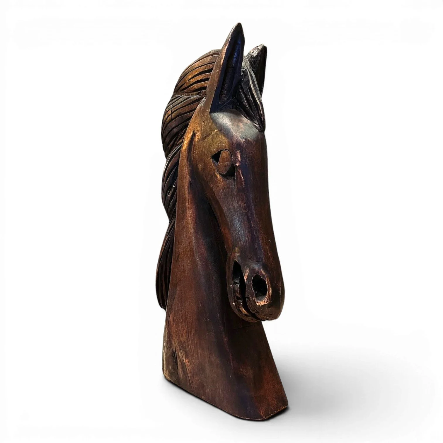 Hand carved Caballo de Madera large wooden horse sculpture from Mexico with rich dark stain and artisan detailing.