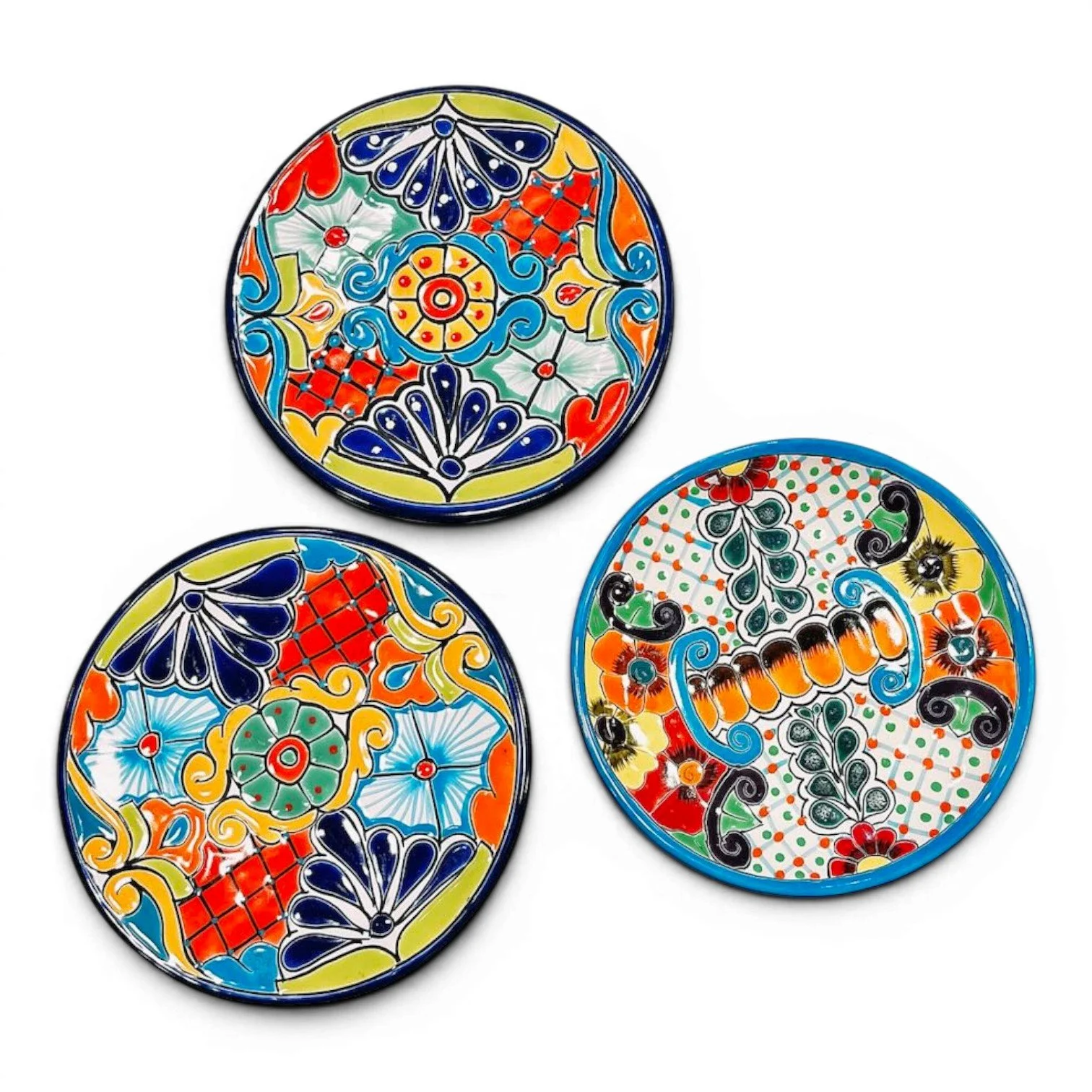 Handmade Mexican Talavera 10-inch dinner plate with colorful hand-painted design and assorted rim colors