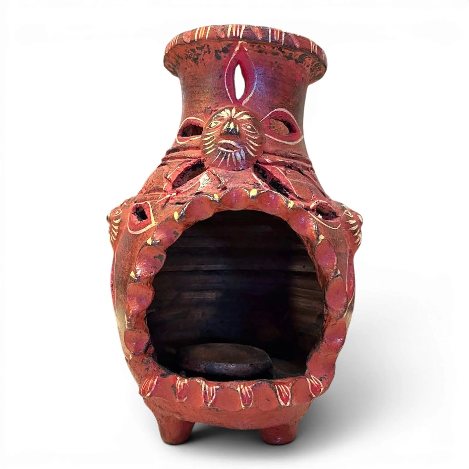 Handmade Mexican Chiminea with Sun featuring a decorative sun face design and colorful artisan finish.