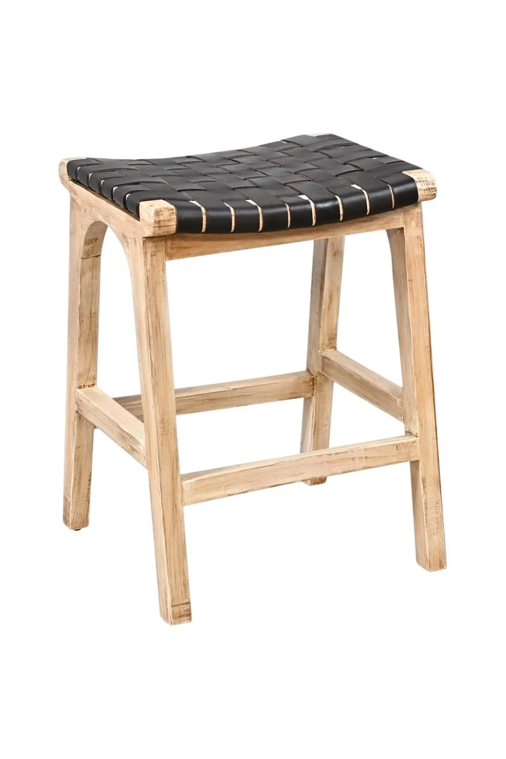 Shop the Cambria Crisscross Leather Bar Stool Black Light handmade in Mexico. Handwoven black leather with light wood frame for coastal and modern rustic interiors.