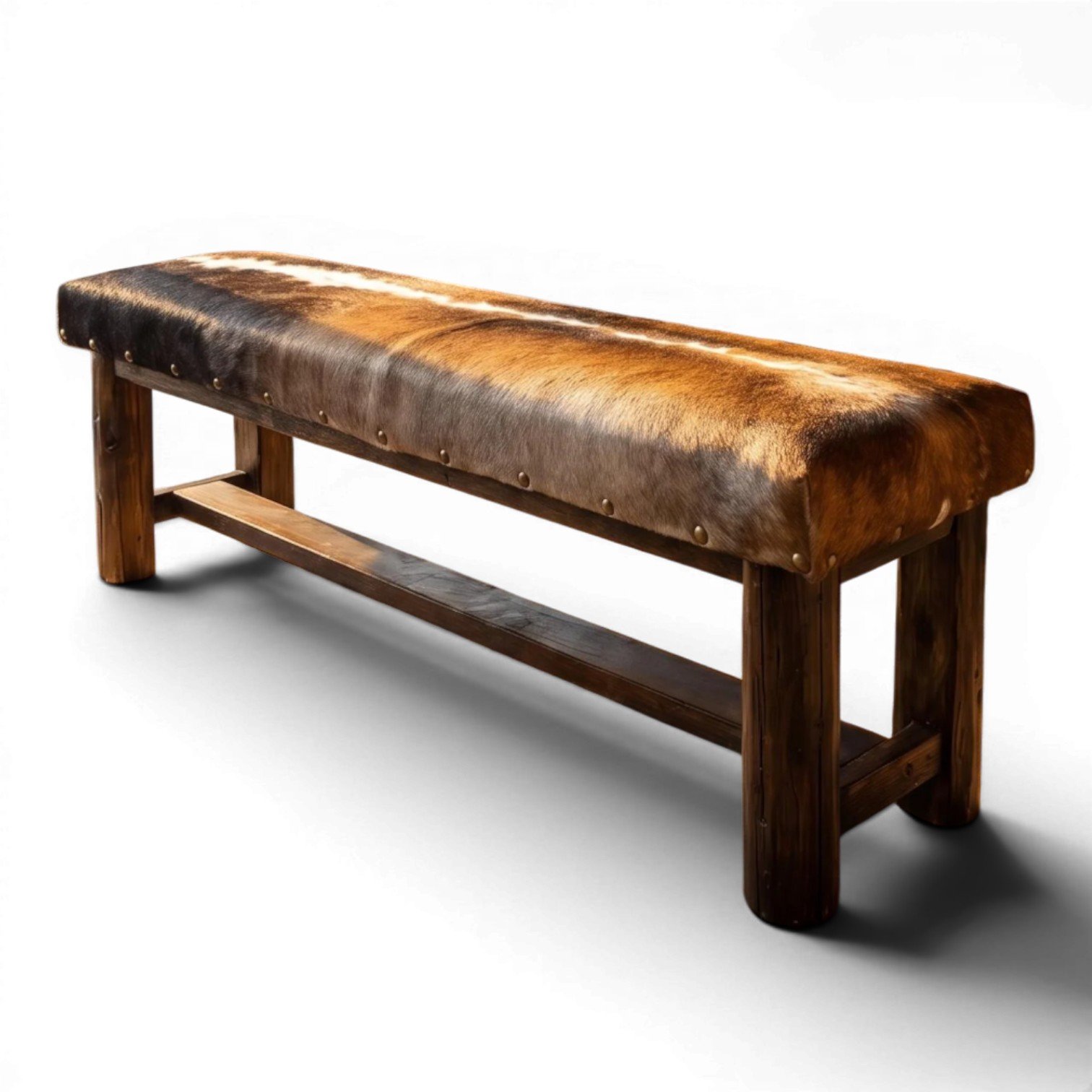 Handmade Mexican reclaimed wood bench with genuine cowhide seat