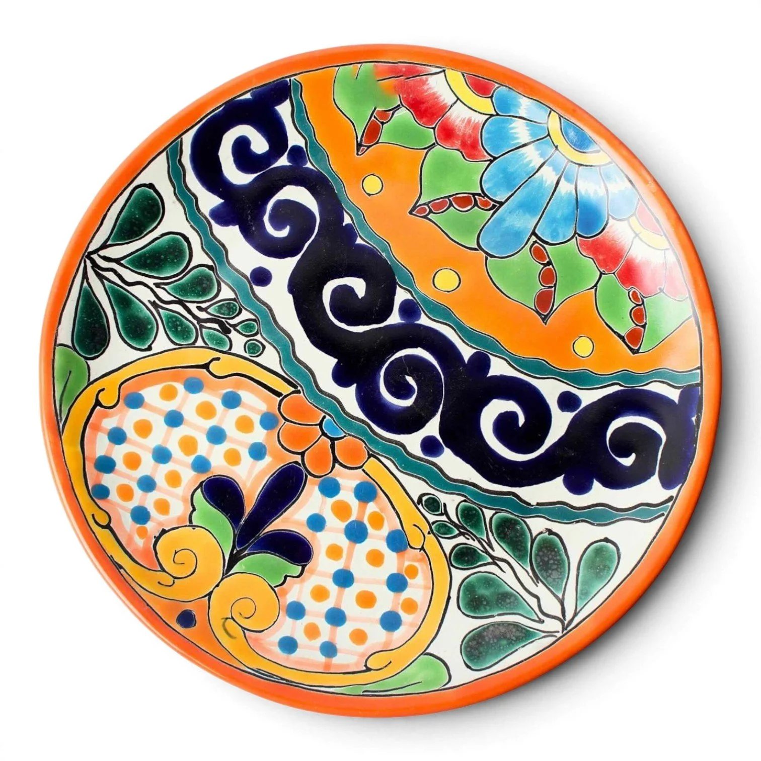 Handmade Mexican Talavera 10-inch dinner plate with colorful hand-painted design and assorted rim colors