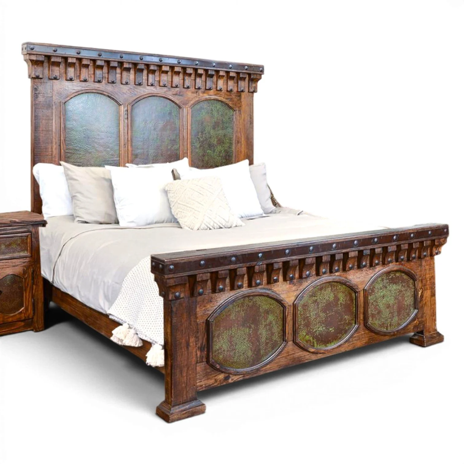 Handmade San Felipe Cobre Bed with hand-pounded copper panels, carved solid wood, iron trim, and rich dark stain crafted in Mexico.