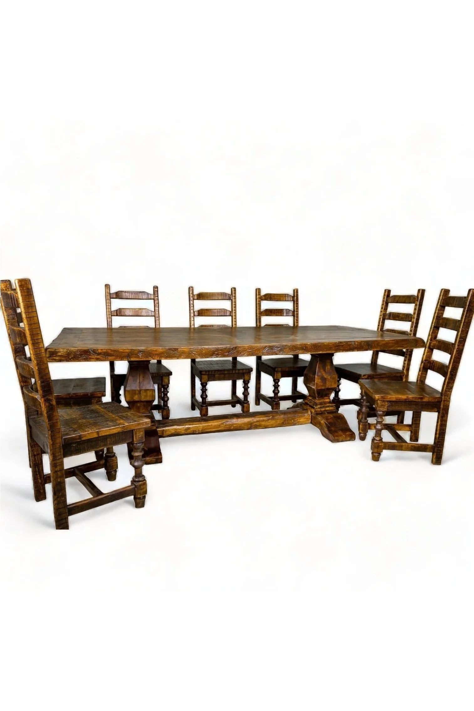Shop a handmade reclaimed wood dining table from Mexico. Hacienda-style rustic furniture with trestle base, perfect for warm, elegant dining spaces.
