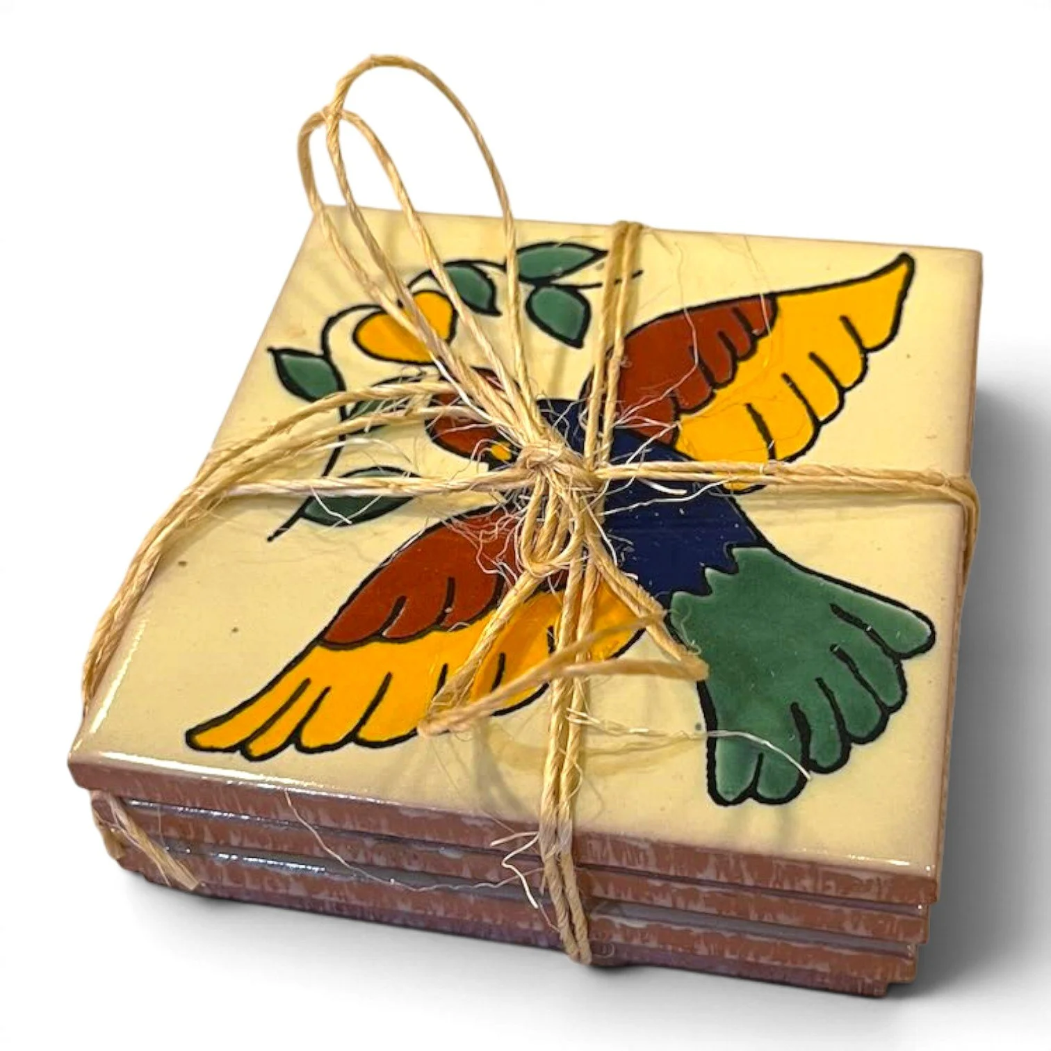 Set of four colorful Talavera tile coasters with hand-painted Mexican pottery designs