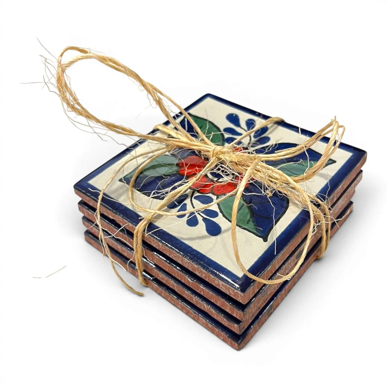 Set of four colorful Talavera tile coasters with hand-painted Mexican pottery designs