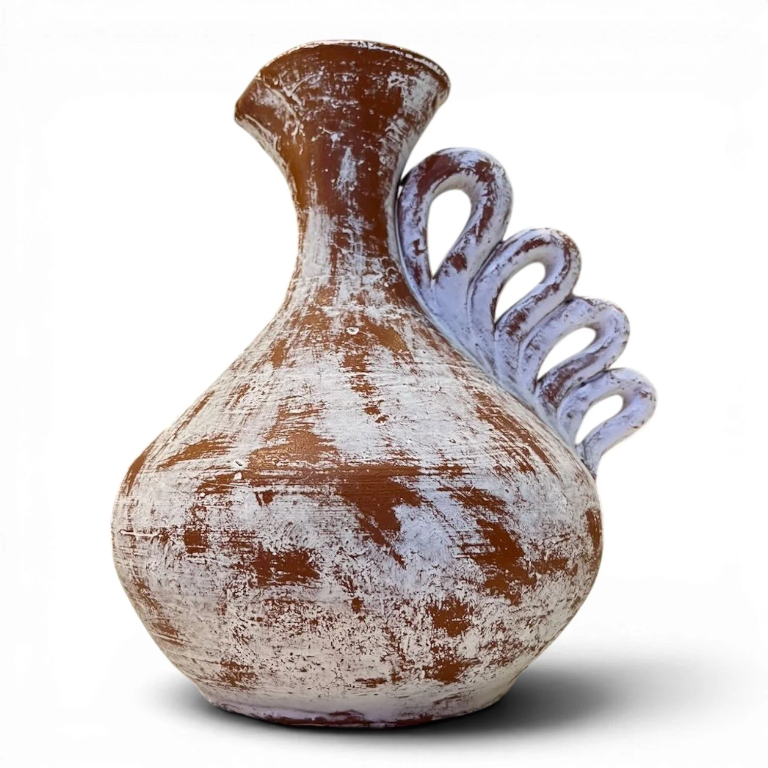Handmade Mexican Jarra Blanca clay vase with distressed whitewashed finish, ribbon handle, and genie-style design
