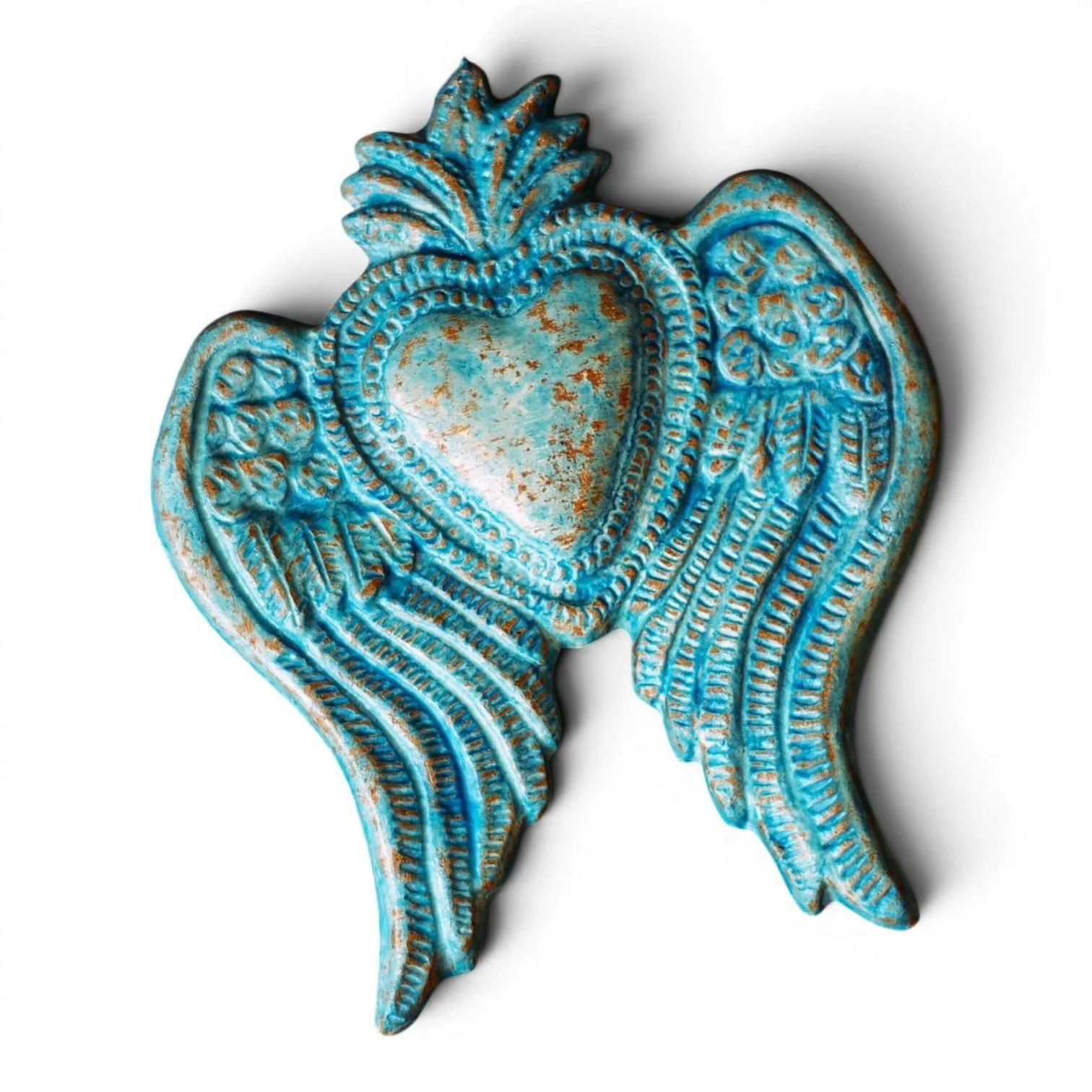 Handmade Mexican distressed blue clay heart with wings wall décor