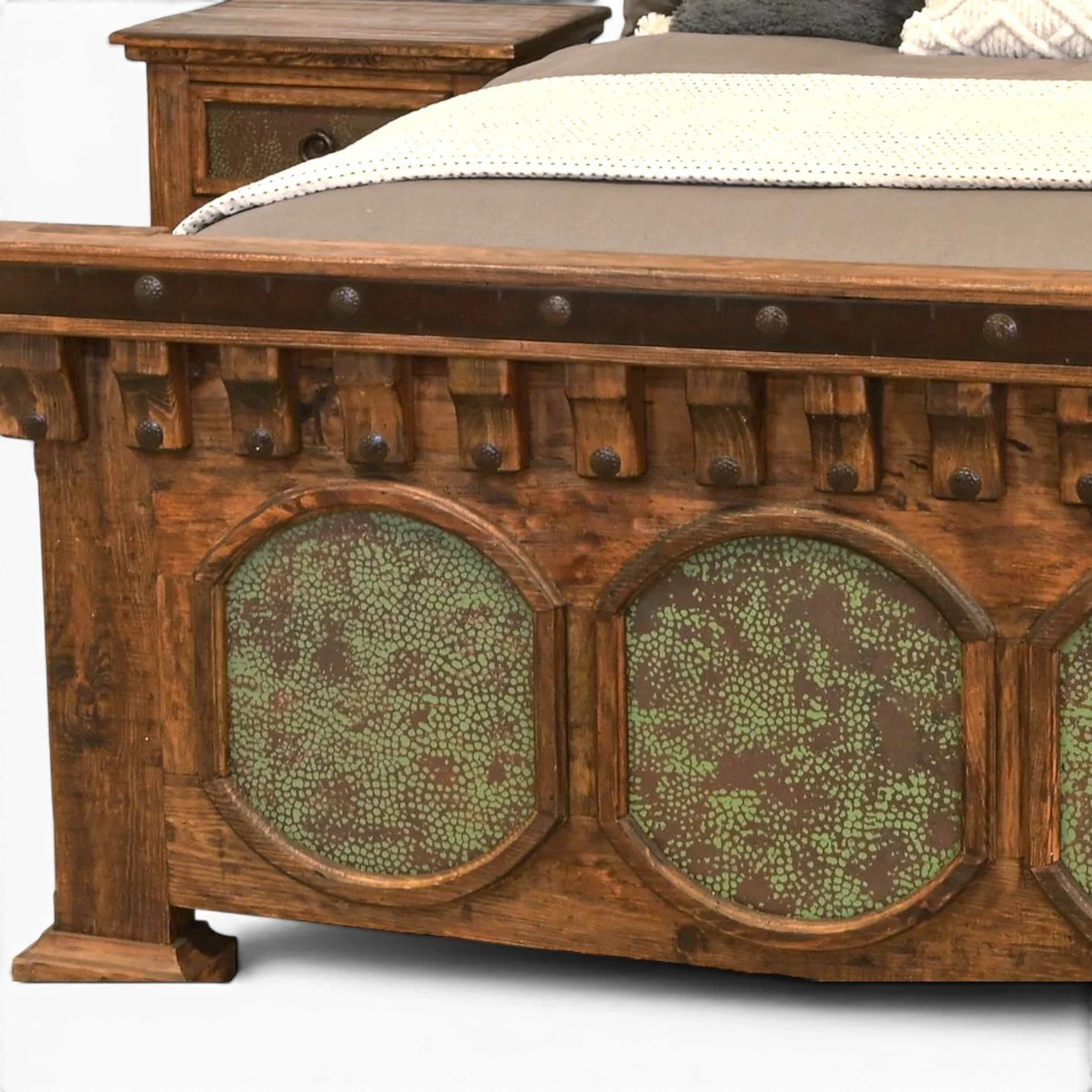 Handmade San Felipe Cobre Bed with hand-pounded copper panels, carved solid wood, iron trim, and rich dark stain crafted in Mexico.
