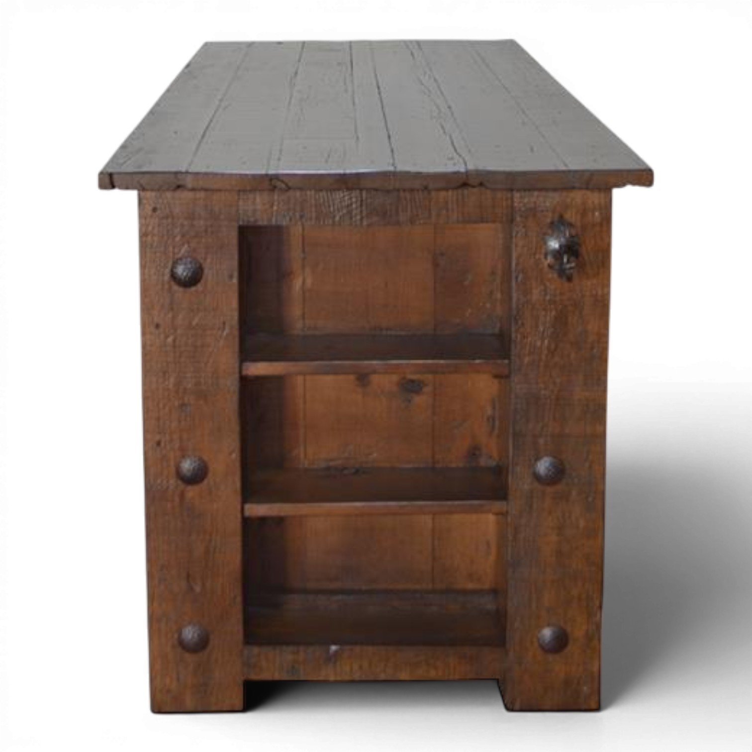 Handmade Mexican Farming kitchen island with solid wood construction, rich dark stain, iron hardware, and decorative iron clavos.