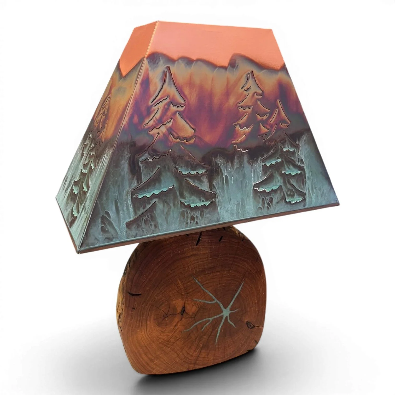 Handmade Mezquite y Cobre table lamp with solid copper shade, mesquite wood base, and turquoise inlay.