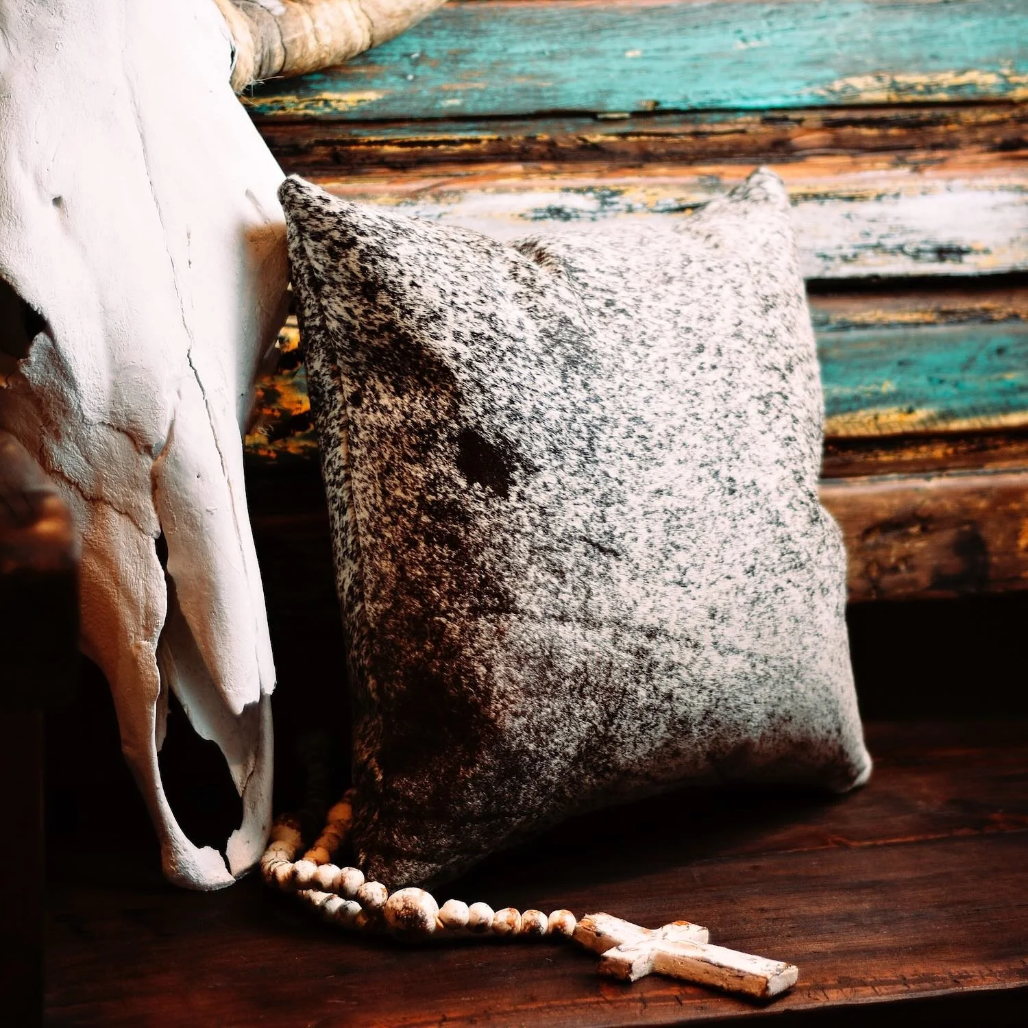 Handmade Brazilian Tombstone Pillow featuring cowhide and leather Western design, 18x18 decorative throw pillow.