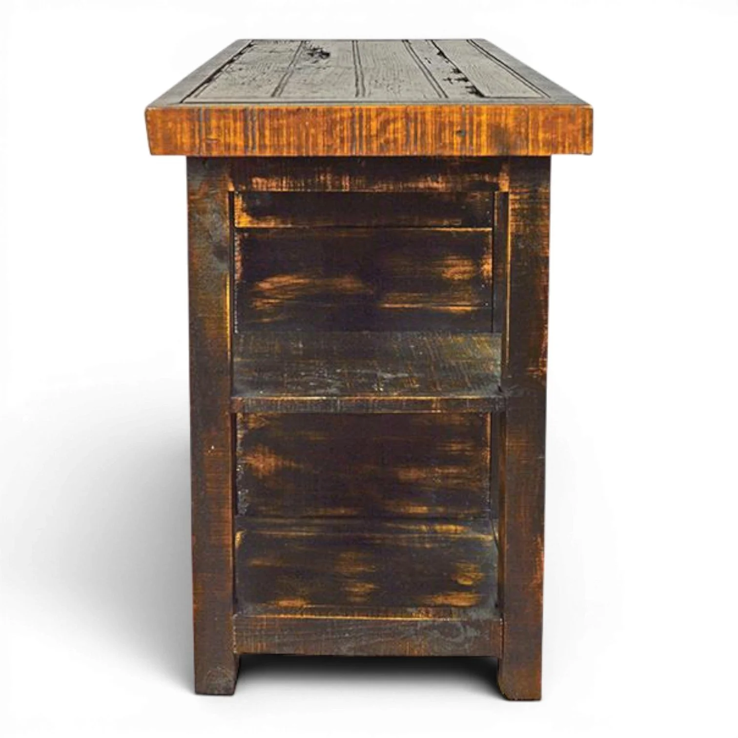 Handmade Mexican Camino kitchen island with natural slat wood top, distressed dark finish, iron hardware, and rustic storage design.