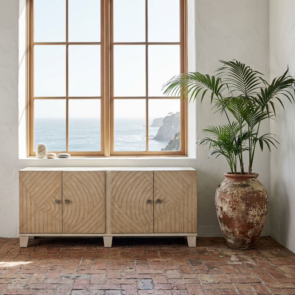 Handmade wood buffet with cream leather doors and carved geometric pattern
