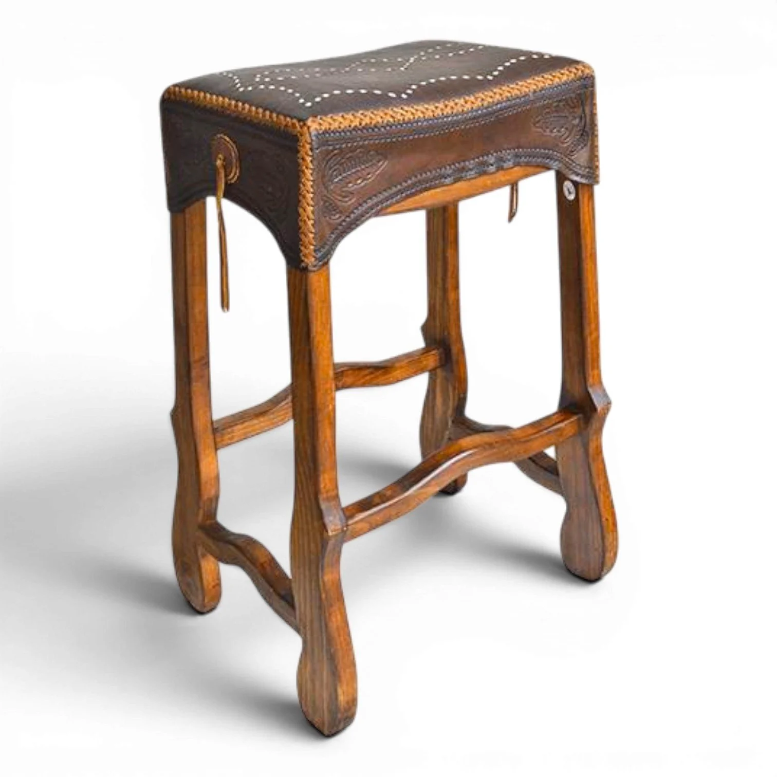 Handmade Durango stitched leather saddle stool with genuine leather seat and solid wood frame crafted in Mexico.
