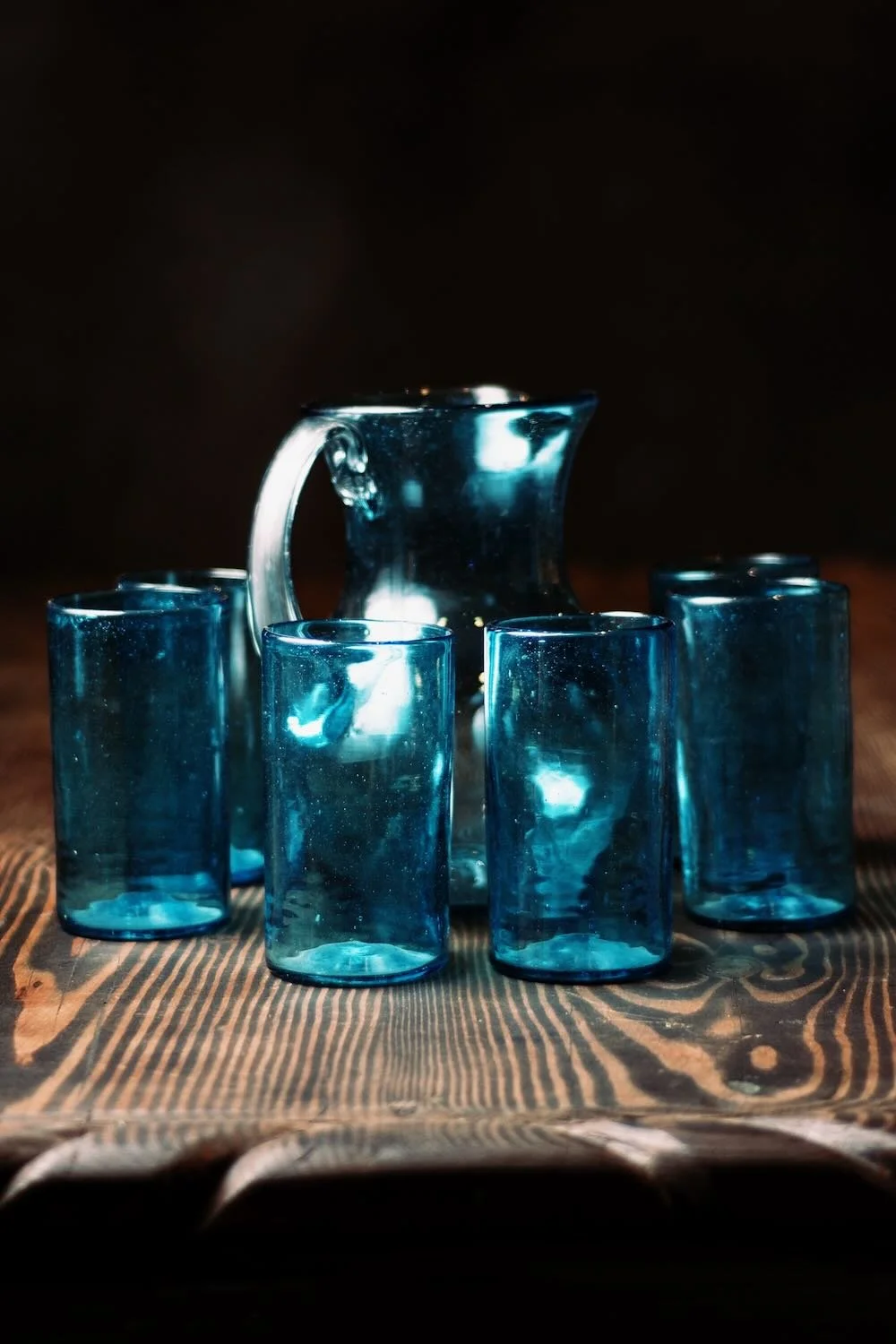 Handblown Turquoise Pitcher & Glassware Set