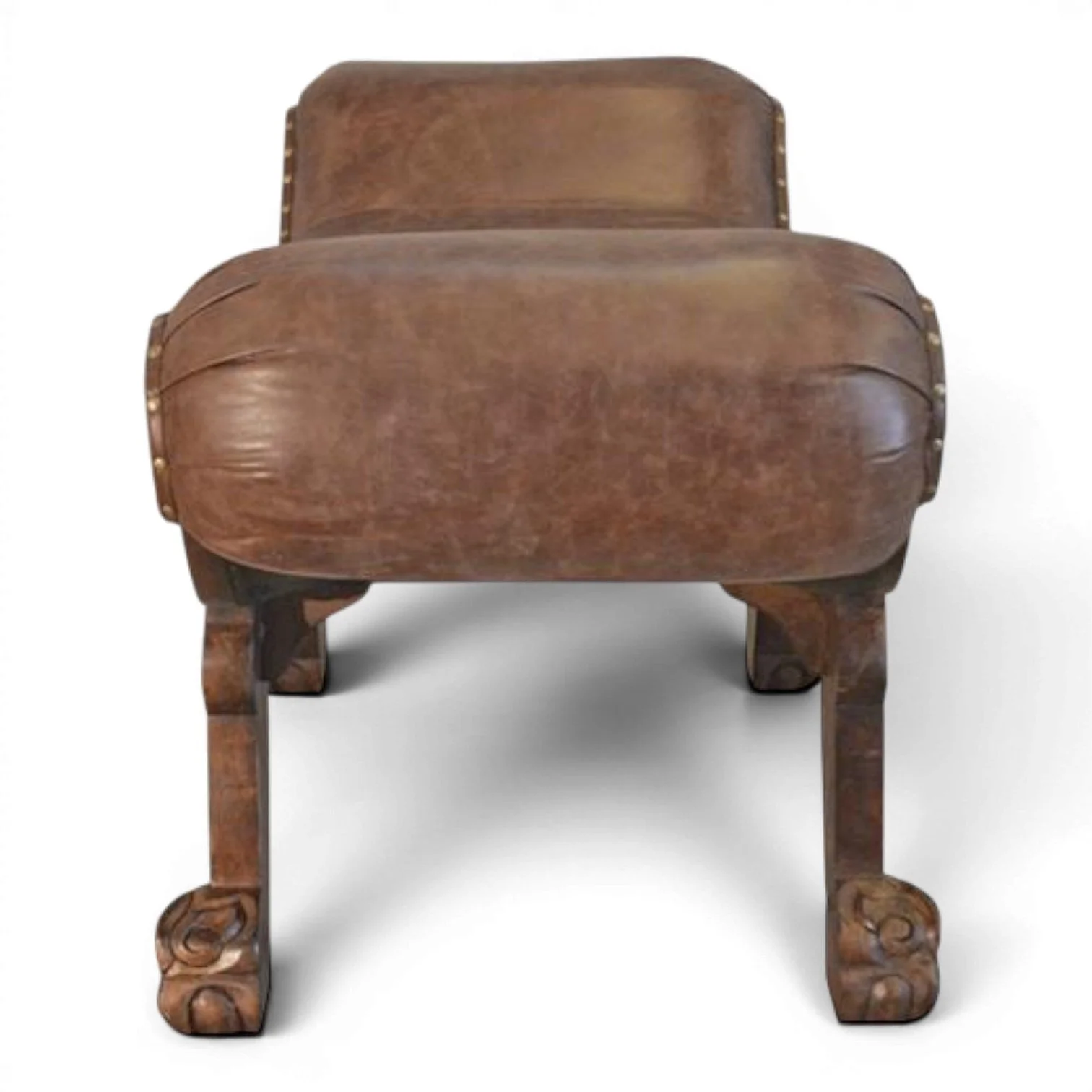 Handmade Mexican mesquite wood bench with hand-tooled leather and carved details