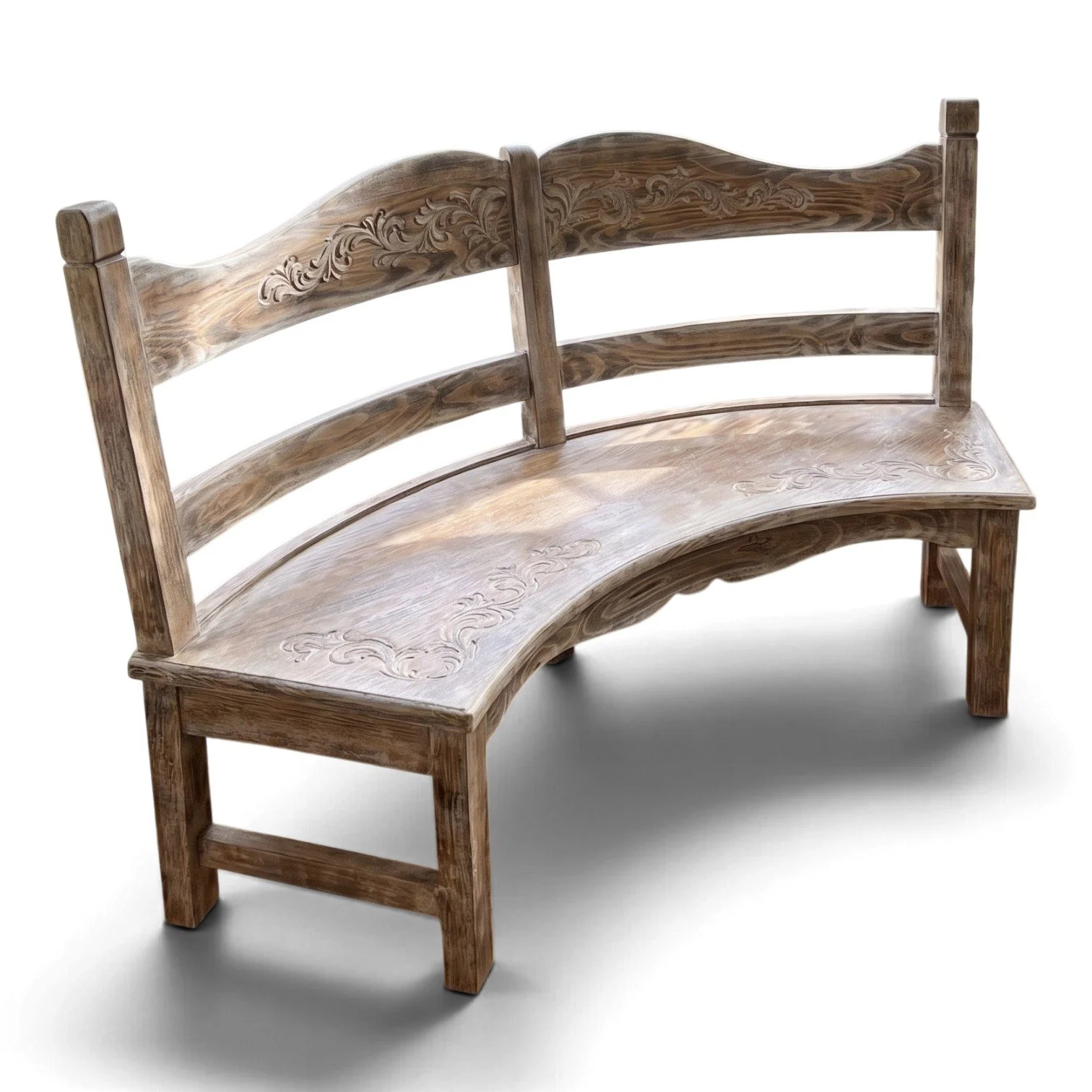 Handmade whitewashed curved wood bench with carved floral details