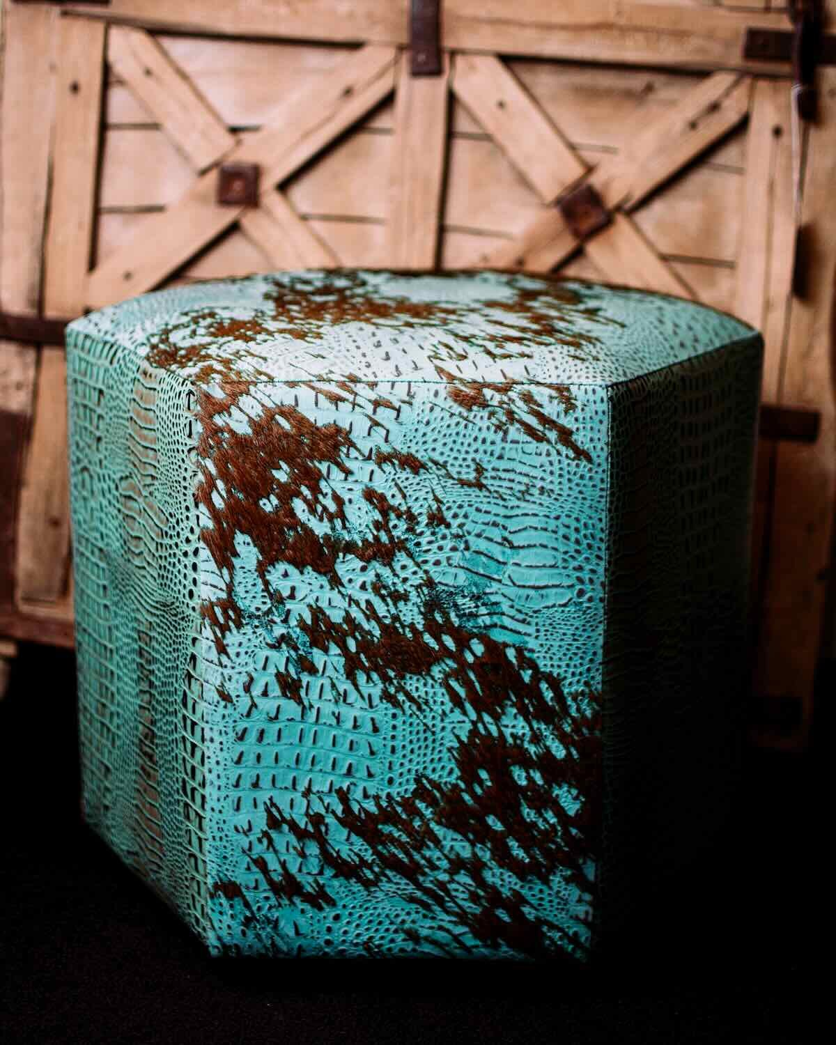 Hexagon Turquoise Cowhide Ottoman