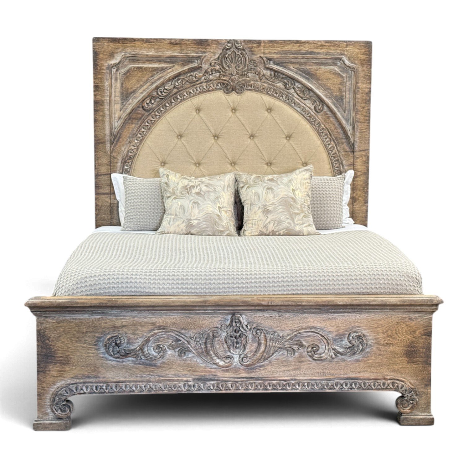 Handmade whitewashed king bed with button-tufted upholstered headboard