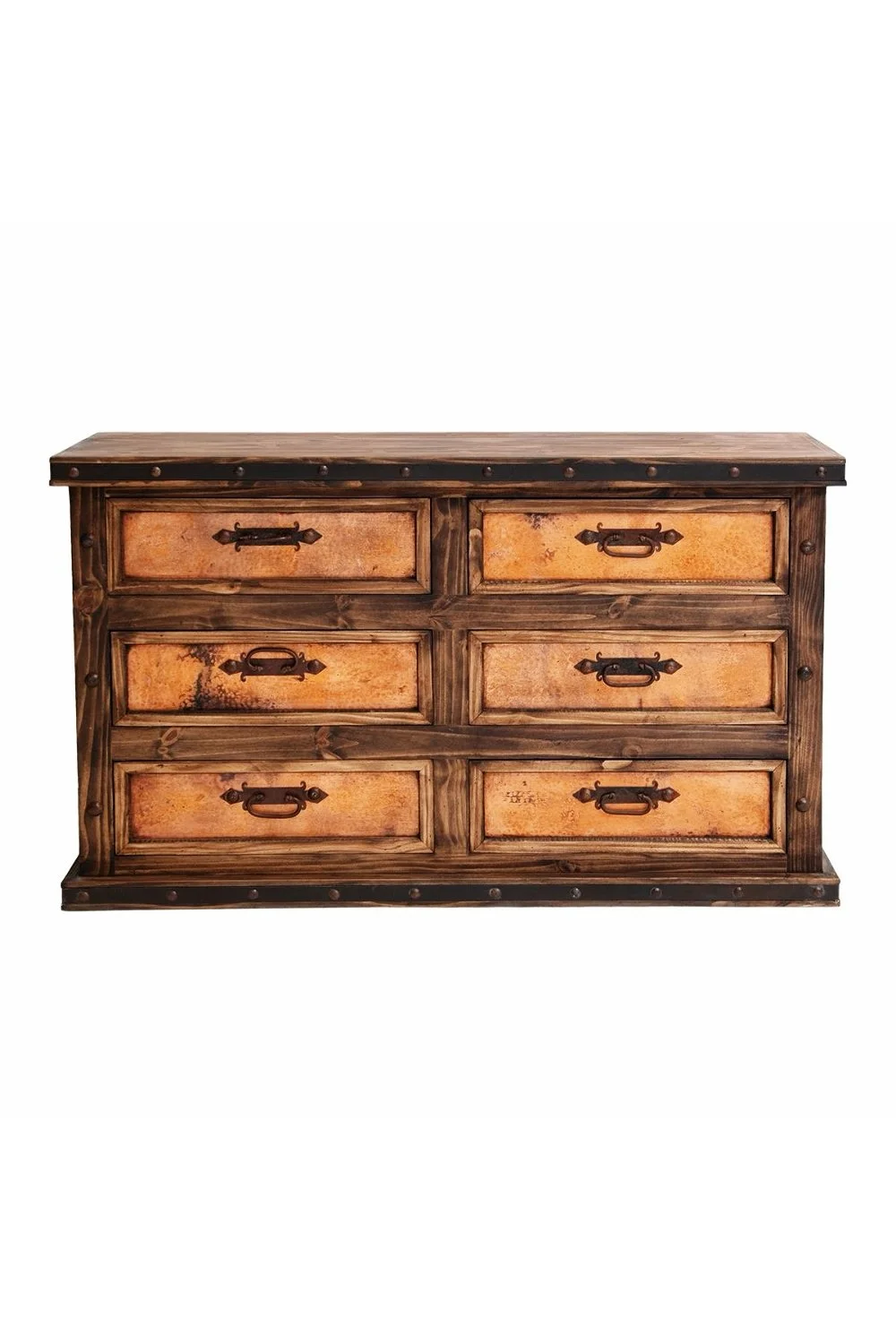 Shop the San Marcos Copper Dresser handmade in Mexico. Solid wood dresser with dark finish, copper panels, iron trim, and rustic luxury hacienda-style storage design.