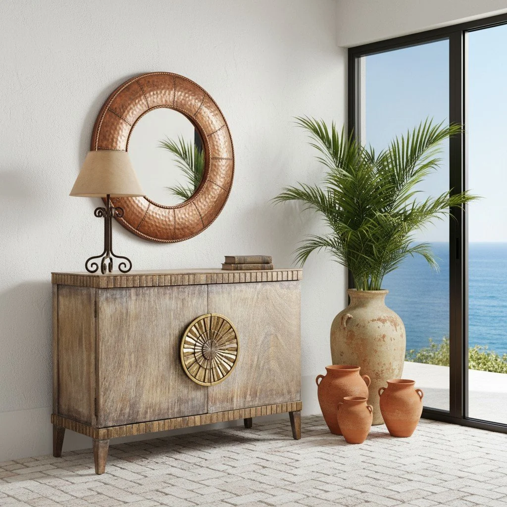 Handmade Peruvian Sebastiana Buffet Chest with warm distressed finish and muted gold handles