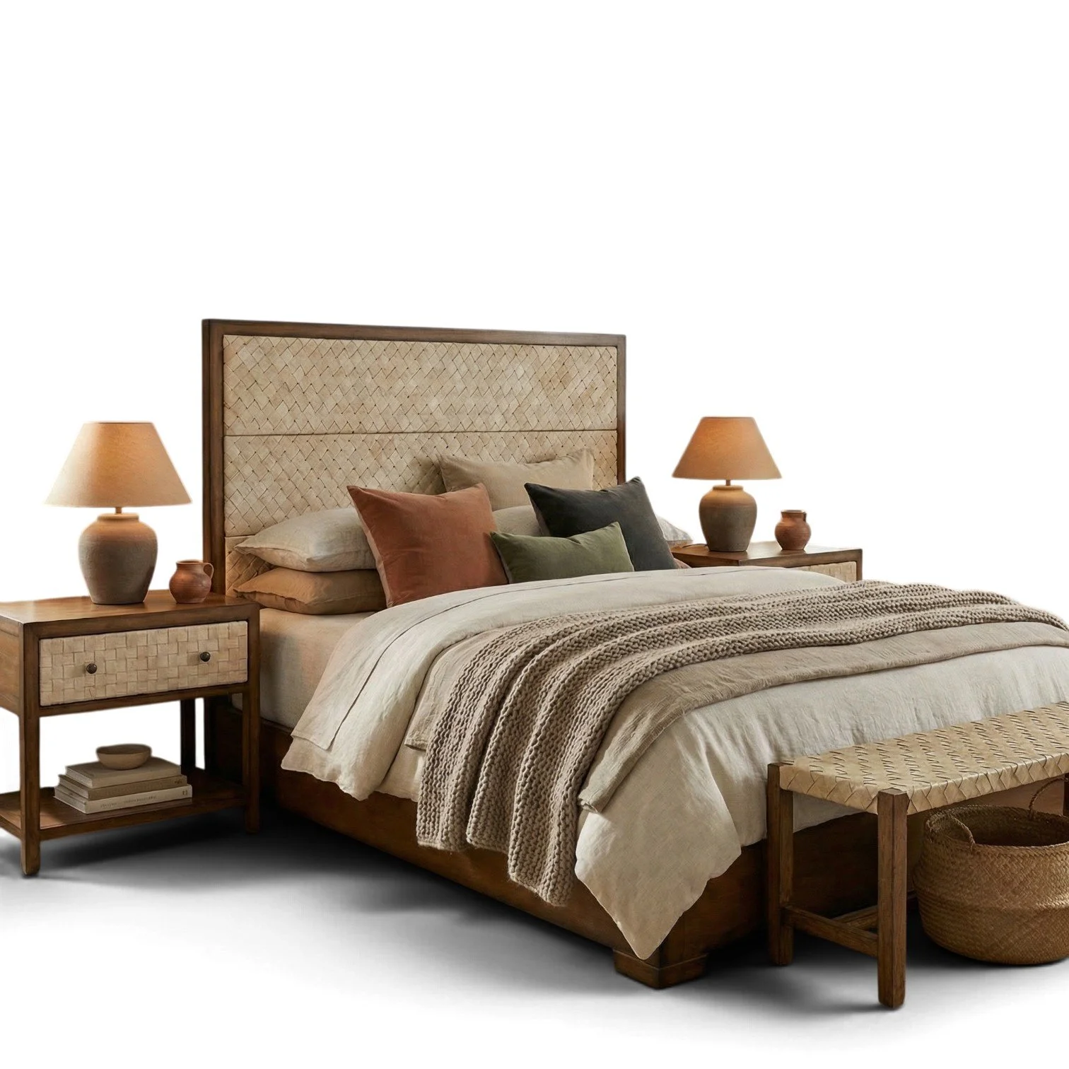 Handmade bed with hand-woven leather headboard framed in solid wood
