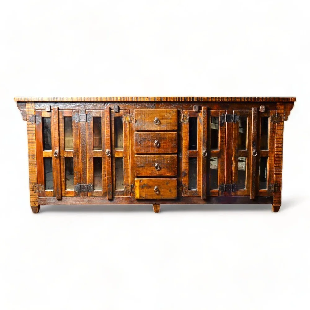 Handmade Mexican reclaimed wood buffet with glass doors and iron hardware