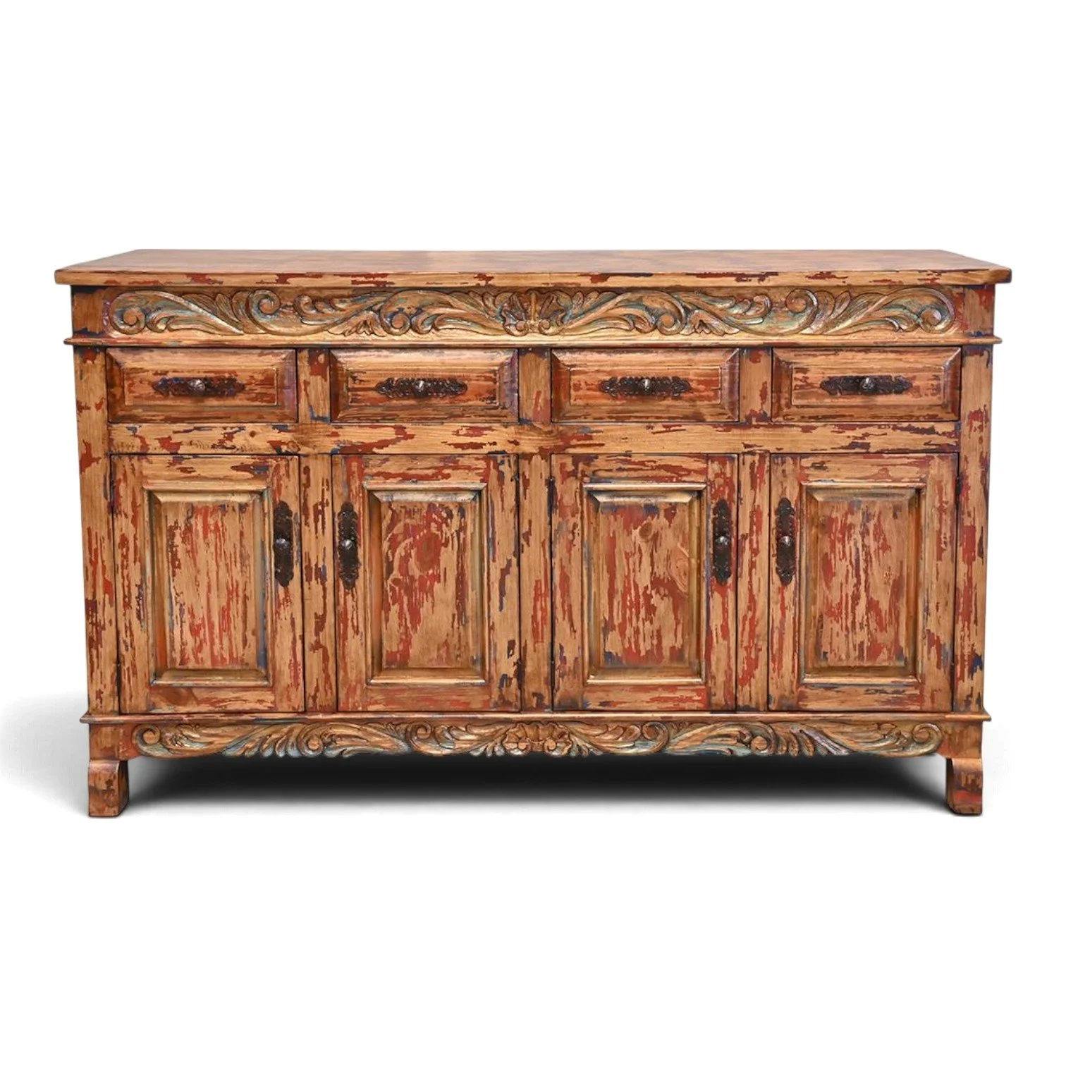 Handmade hand-carved red buffet with iron hardware and four drawers