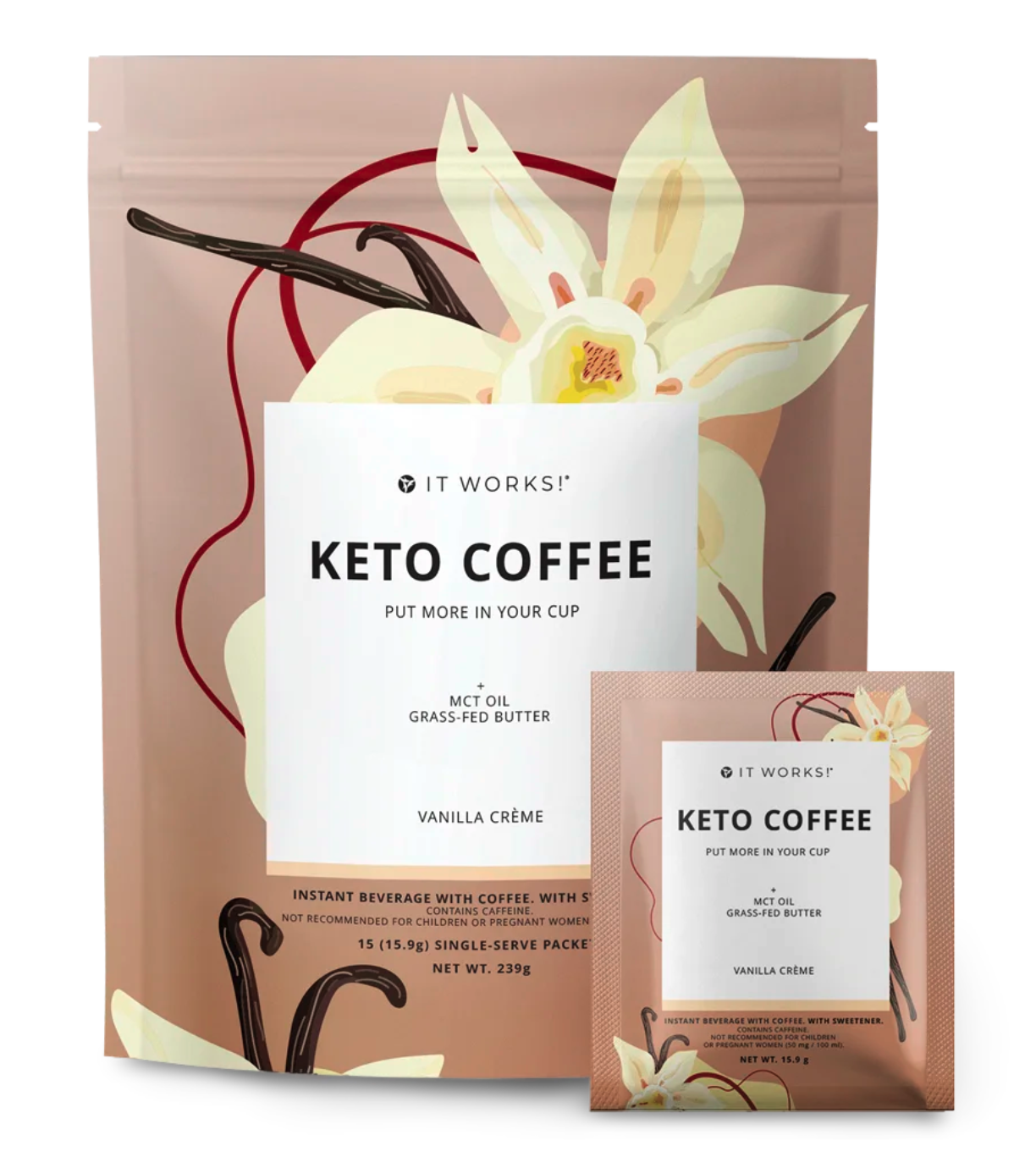 Bag and packet of Keto Coffee with vanilla crème flavor, featuring vanilla flower and vanilla bean illustrations on the packaging.