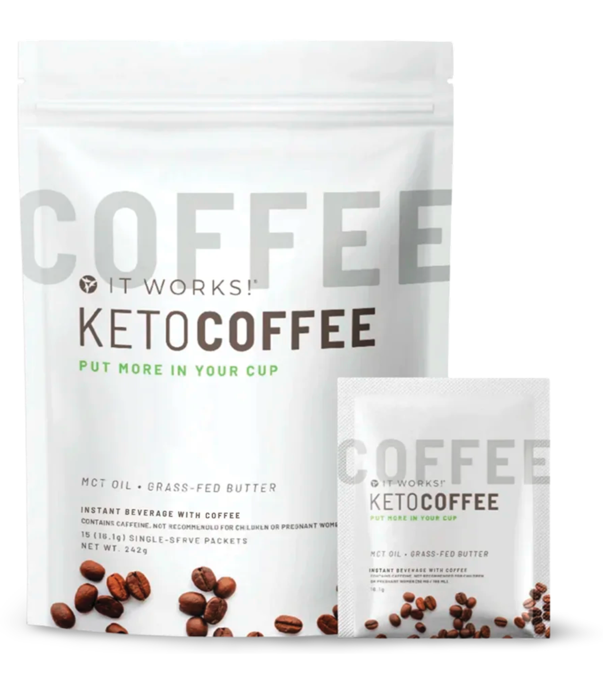 Package of IT Works! Keto Coffee, with ground coffee beans at the bottom, indicating it is a single-serving instant coffee with MCT oil and grass-fed butter.