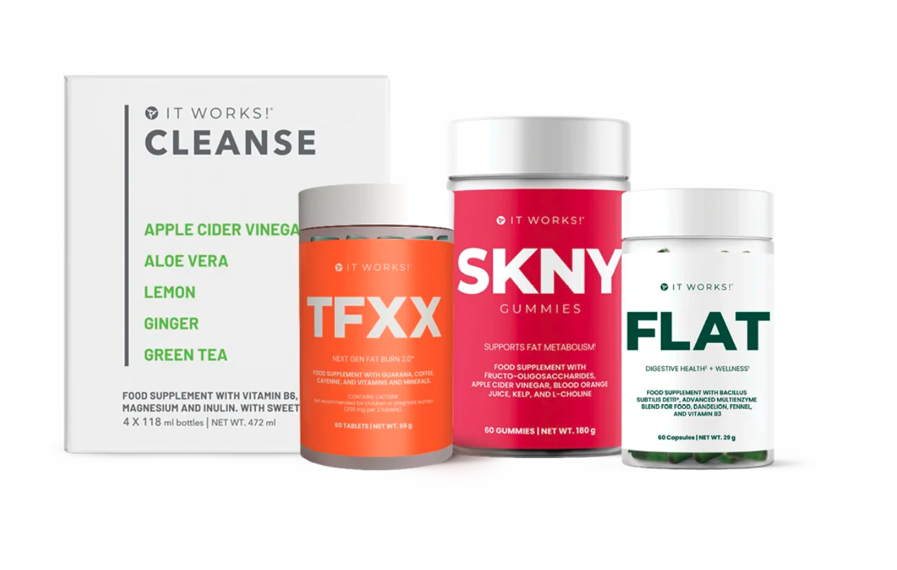 Arrangement of four bottles of dietary supplements labeled It Works, including a colorful box and three containers of gummies and capsules with various health ingredients.