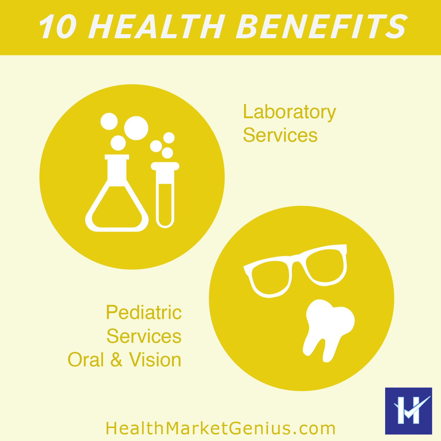Health insurance coverage for lab tests, blood work, and comprehensive pediatric services including dental and vision.