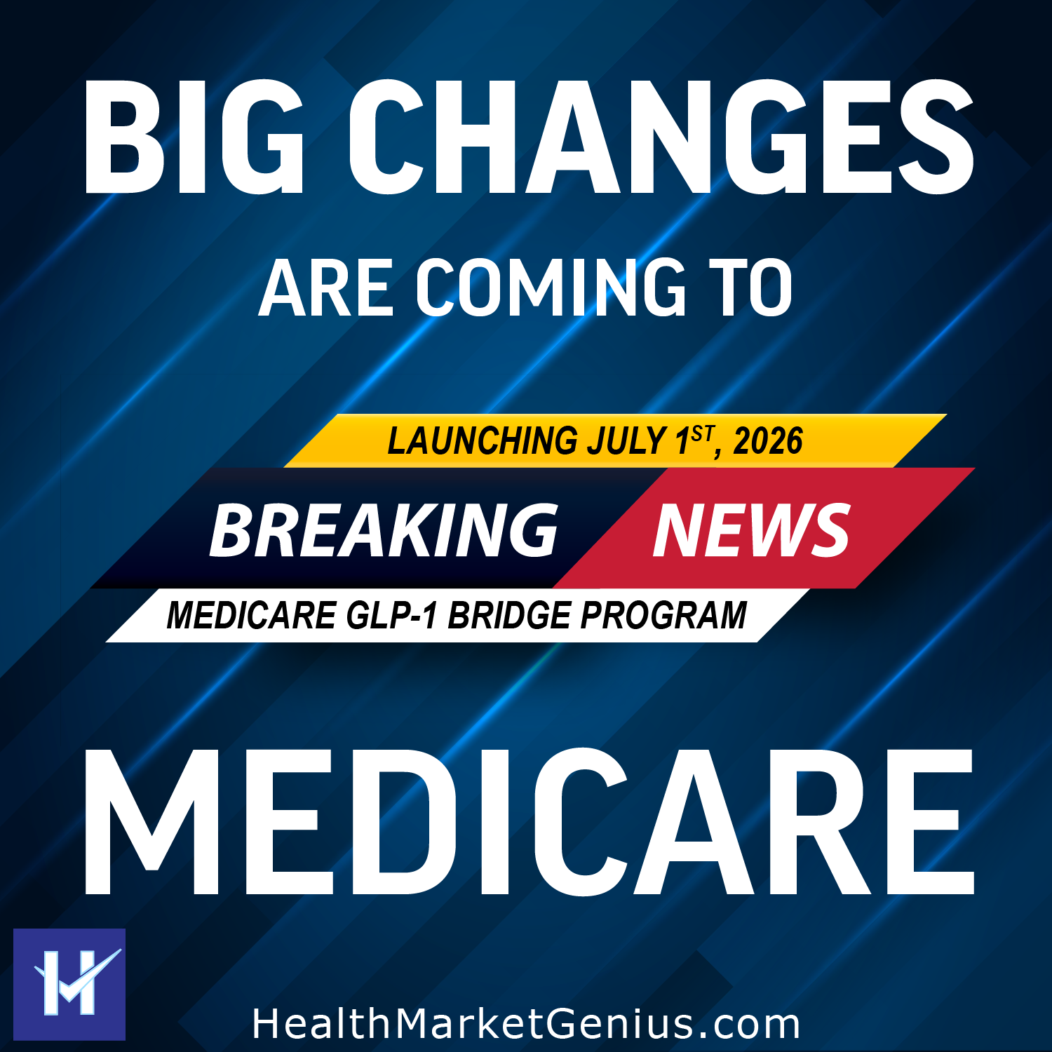 A TV news-flash graphic template. Text on image: 'Breaking News: Big Changes are coming to Medicare - Medicare GLP-1 Bridge Program Is Launching on July 1st, 2026.'