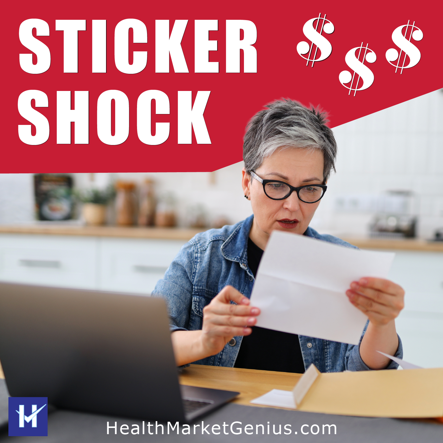 A shocked woman reading an official letter. Text on image: 'Sticker Shock'