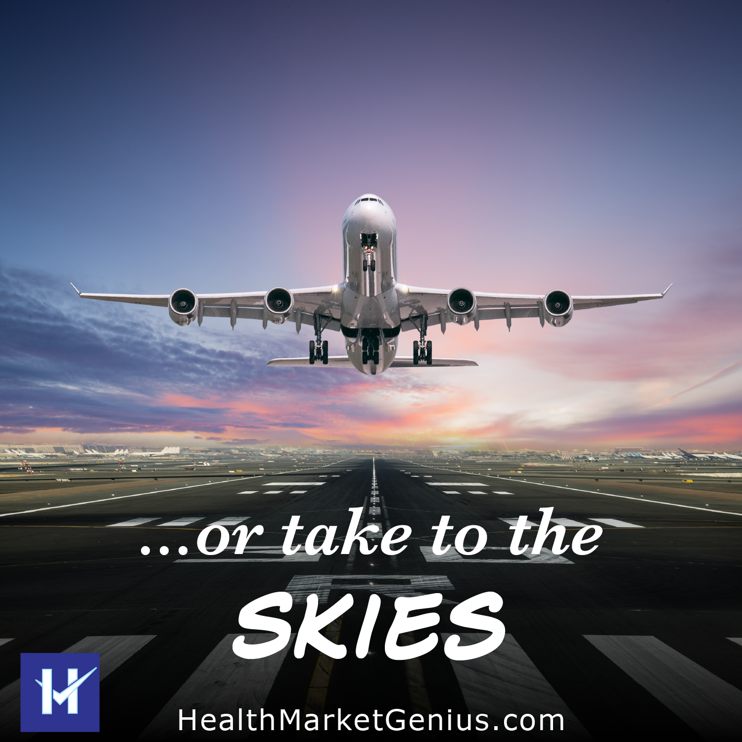 An airplane taking off into a blue sky. Text on image: '...or take to the skies'