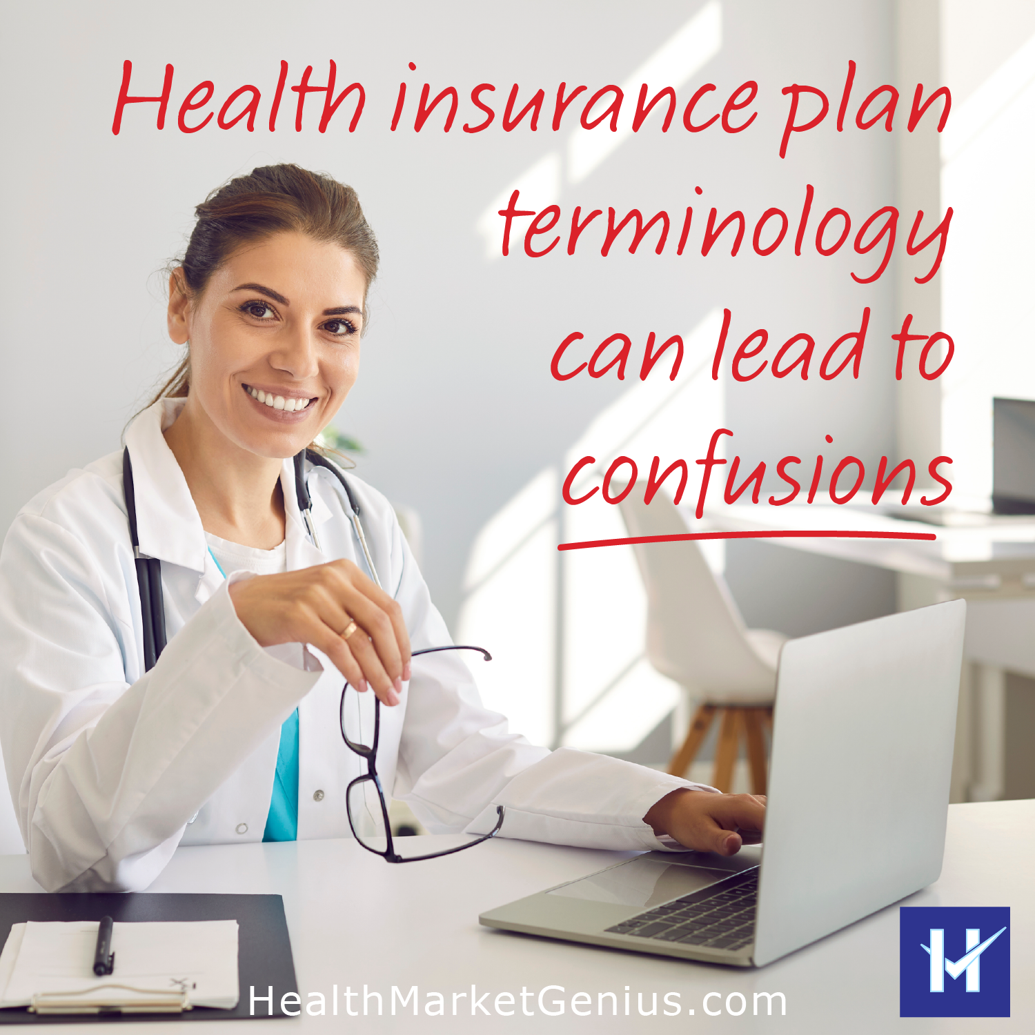 A female physician acknowledging that health insurance plan terminology can be confusing.