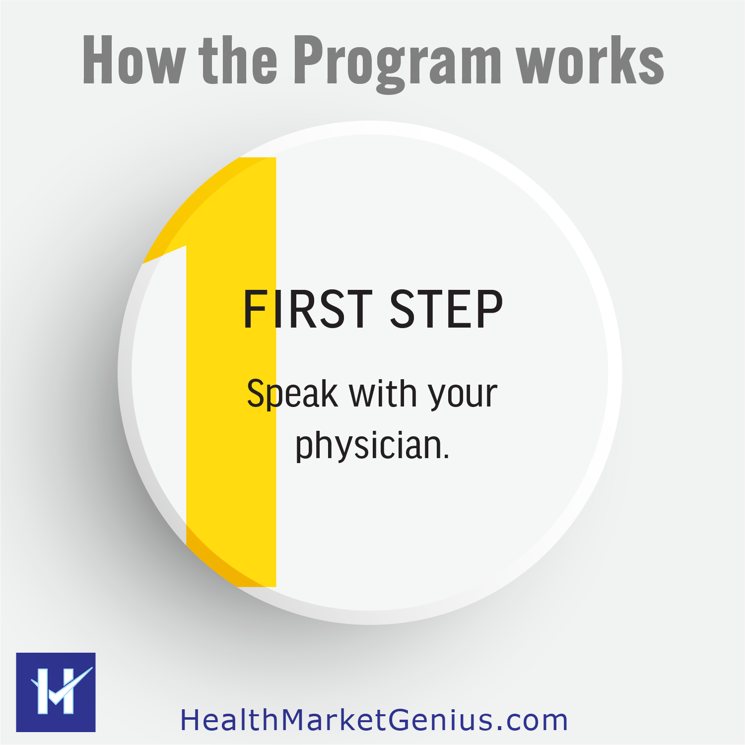 A round button graphic featuring a large yellow number 1. Text on image: 'How the Program works: First Step - Speak with your physician.'