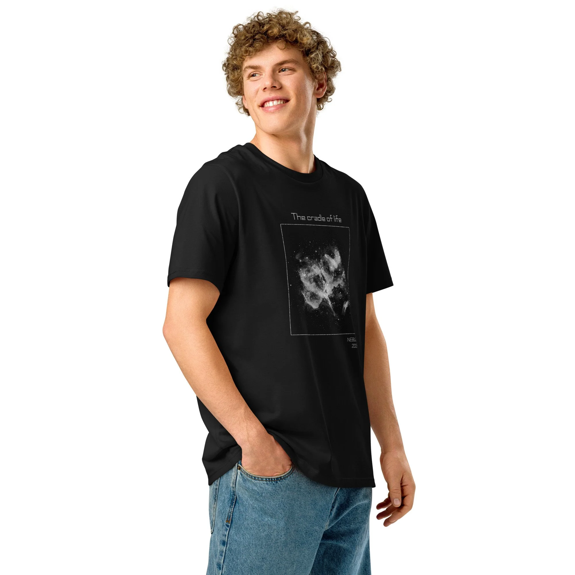 The cradle of life, unisex organic ribbed collar t-shirt, streetwear (Nebula 2026)