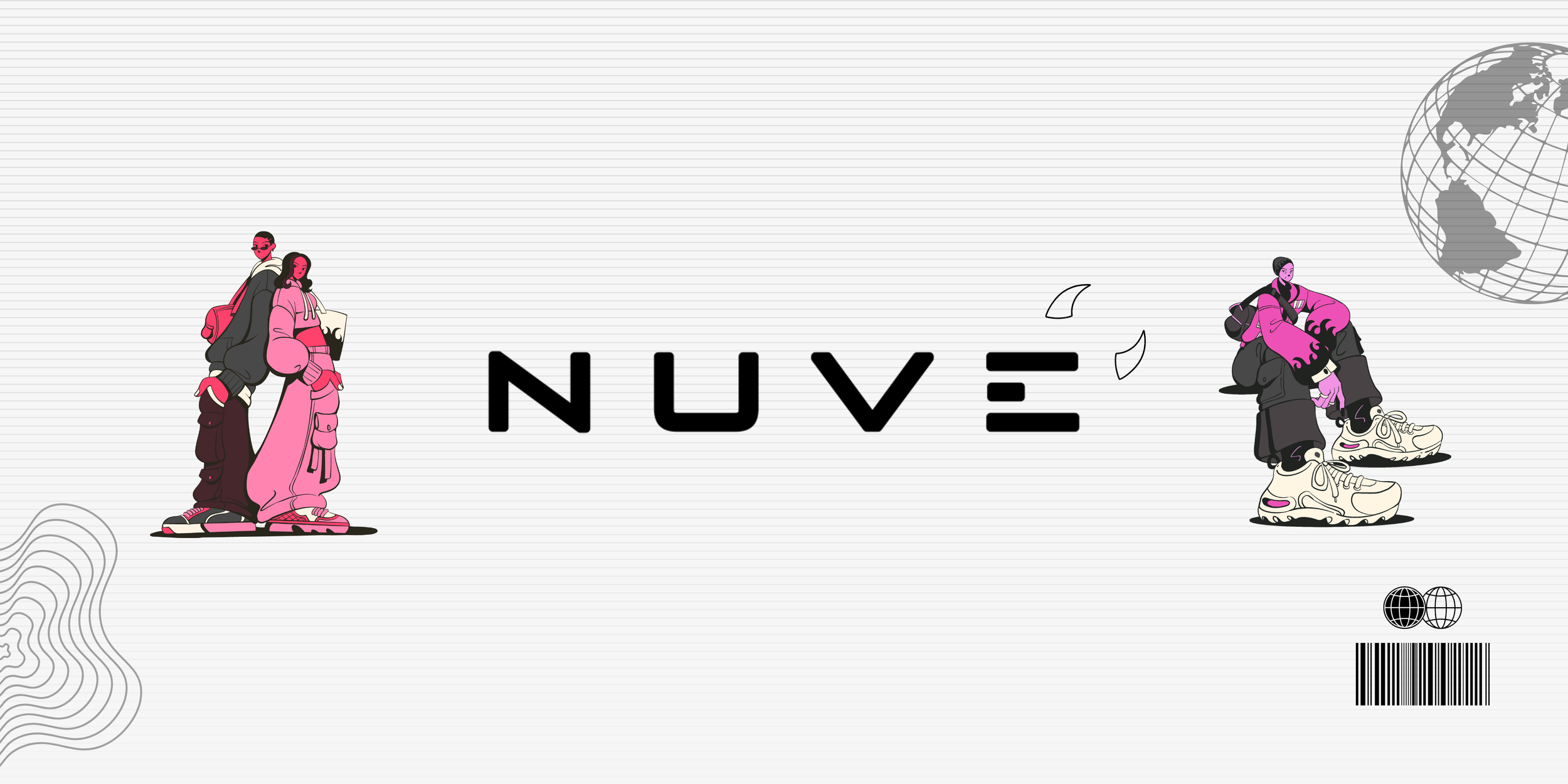 Digital illustration with the word 'NUVE' in black font in the center, flanked by stylized cartoon figures of people in colorful clothing, paper fluttering, globe illustrations, and a barcode at the bottom right corner.