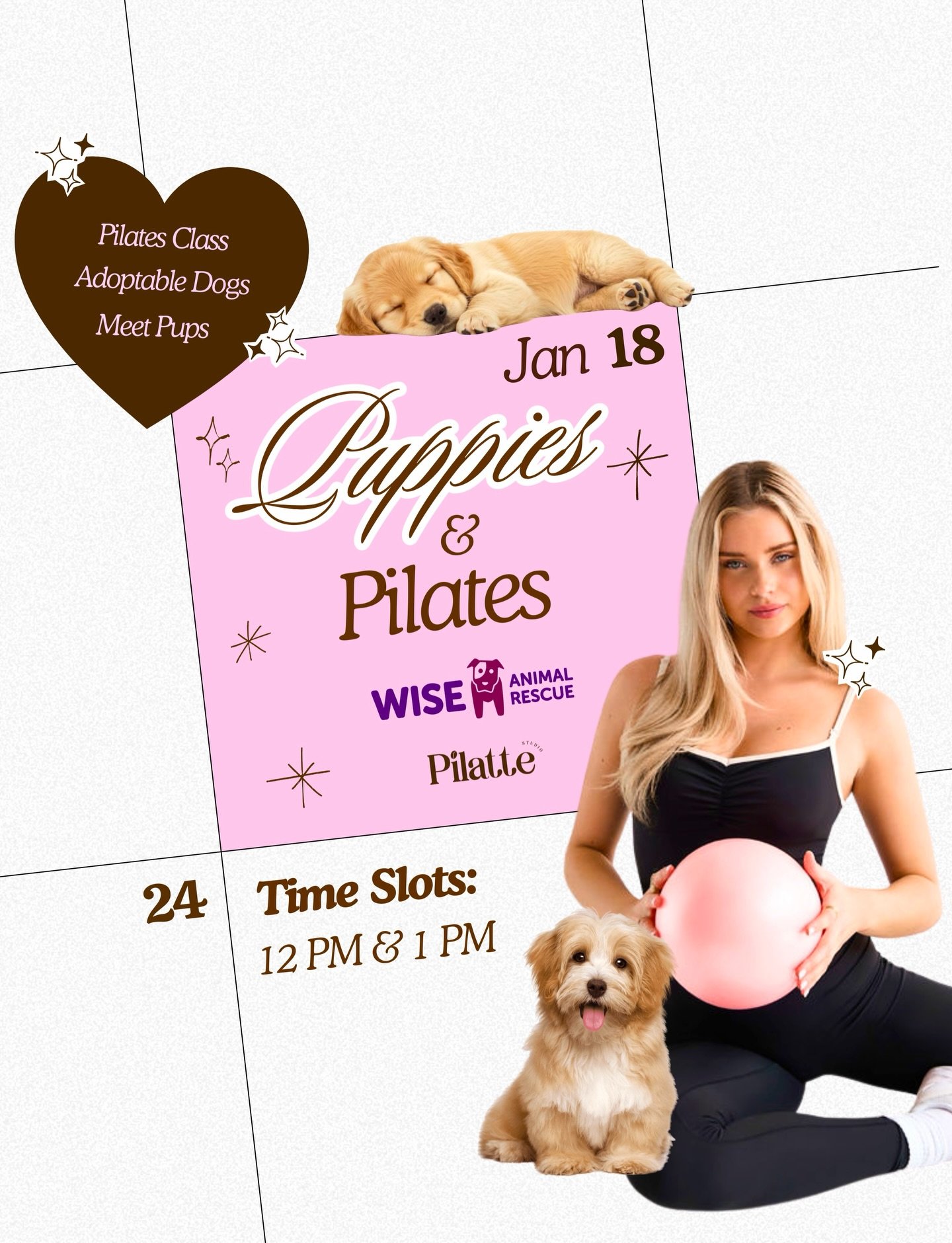 Stretch, sculpt, and maybe meet your new best friend! Join us for Pilates &amp; Puppies at Pilatte 🐶🤍✨ 

We have collaborated with @wiseanimalrescue special class supporting rescue pups looking for their forever homes 🐾✨

Move your body, cuddle so
