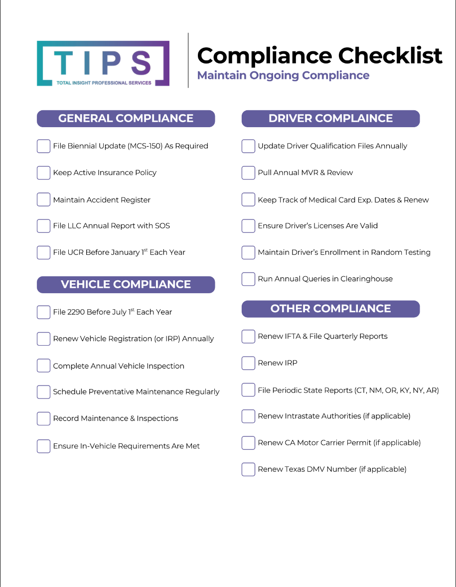 A compliance checklist document titled 'Tips Total Insight Professional Services' with sections for general, vehicle, driver, and other compliance items, each with checkboxes.