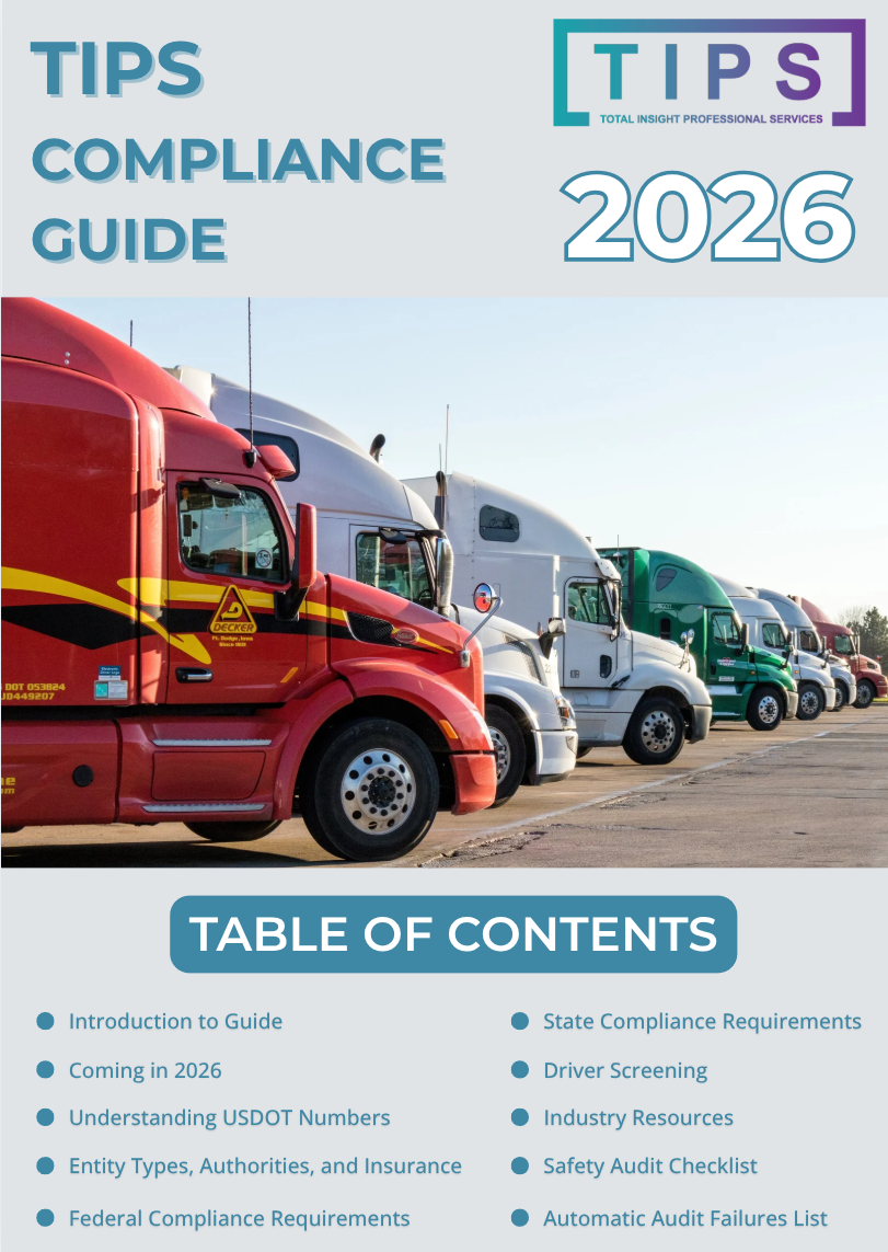 Cover of the 2026 TIPS Compliance Guide featuring a row of trucks in various colors.