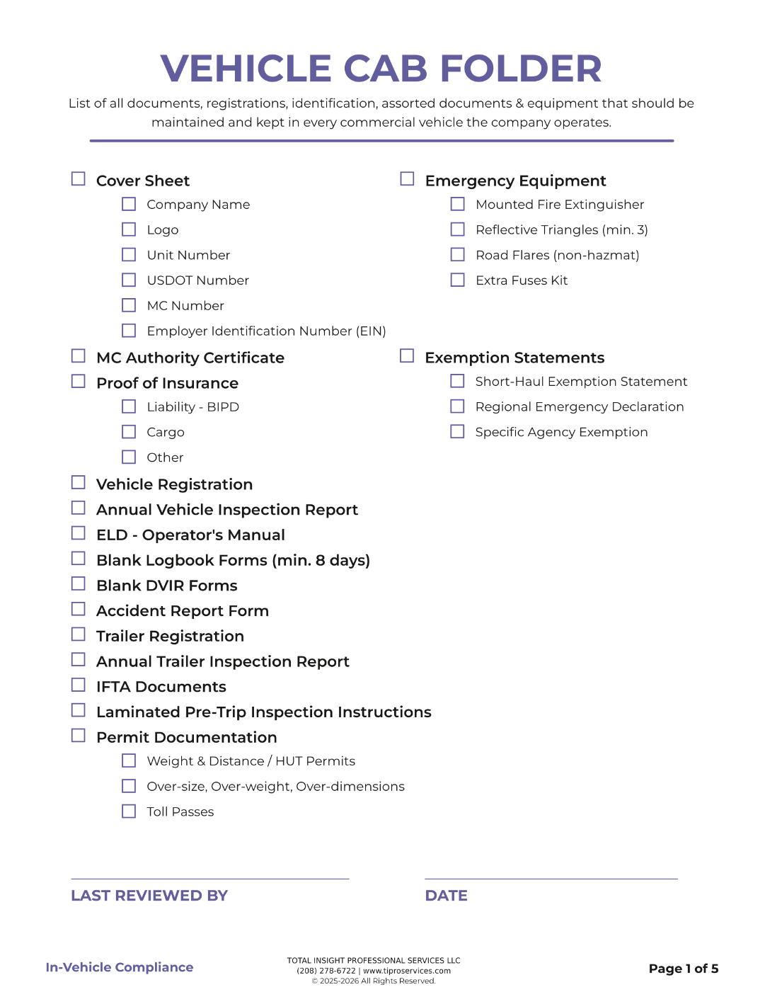 A vehicle cab folder checklist with categories for documents and equipment, including cover sheet, proof of insurance, vehicle registration, and emergency equipment.