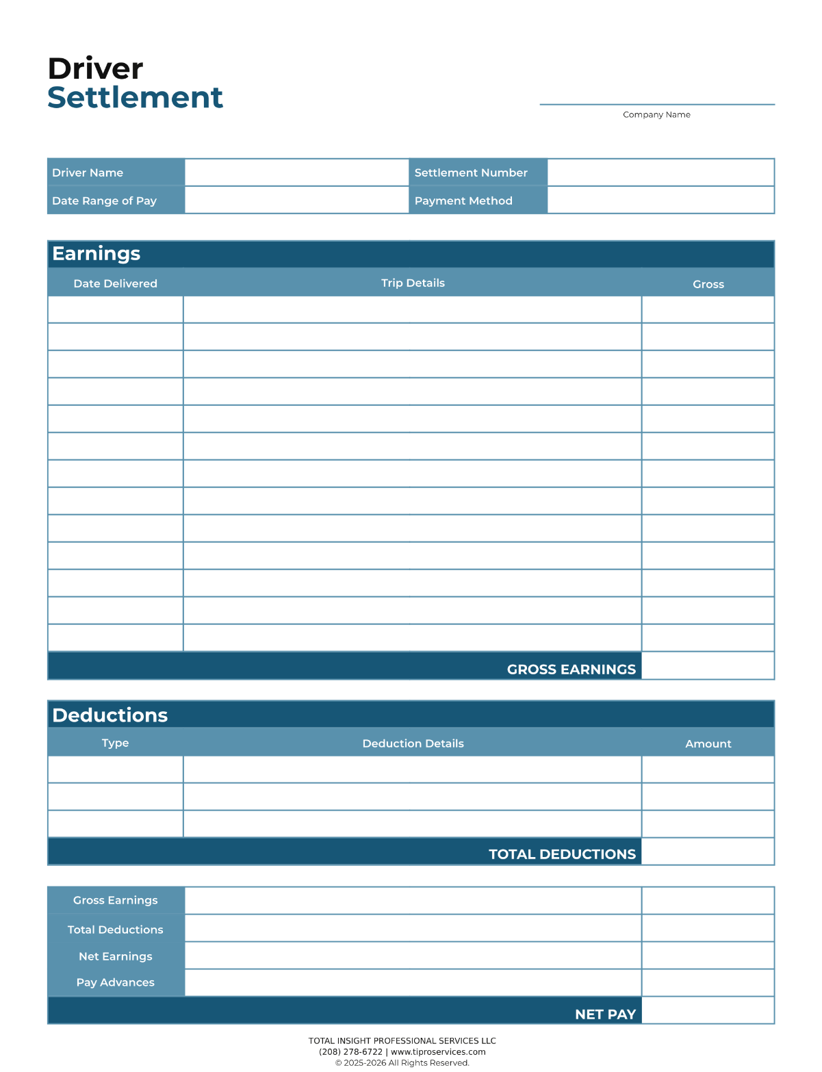 Payroll settlement form for a driver with sections for earnings, deductions, and net pay, including headers and table rows for detailed entries.