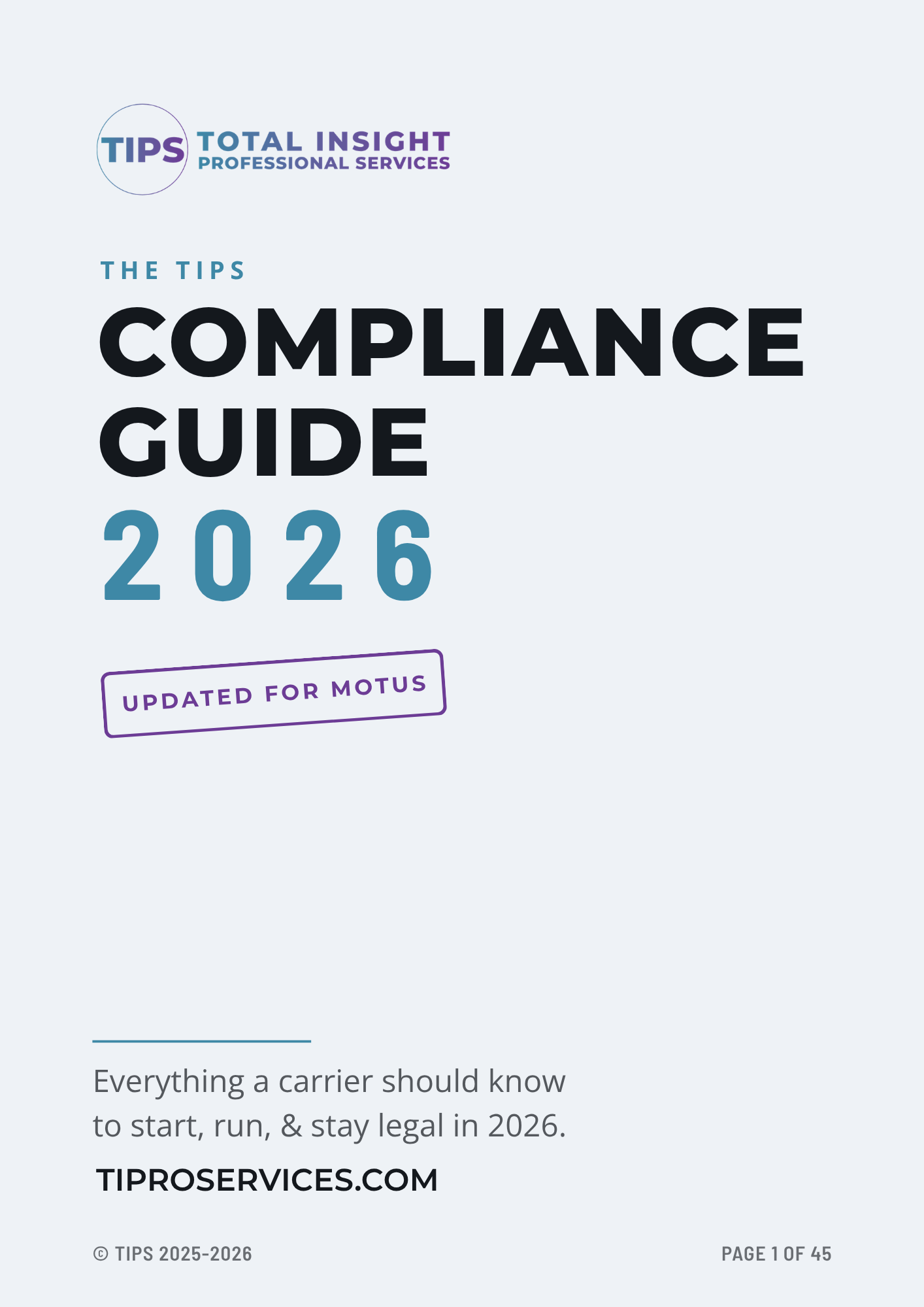 Cover page of TIPS' 2026 Compliance Guide, showing a page that it has been updated for MOTUS