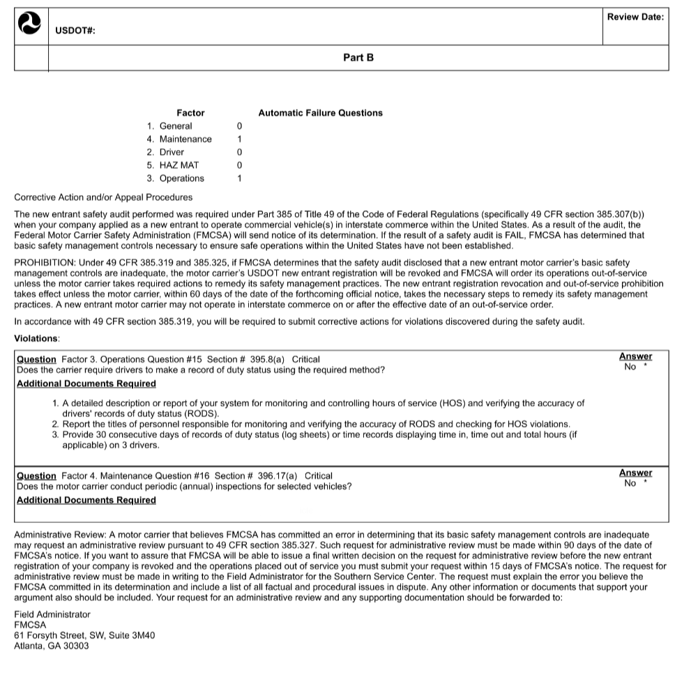 A document titled 'Part B' focused on automatic failure questions related to safety audits for motor carriers, including questions about duty records and vehicle inspections, with instructions and legal references.