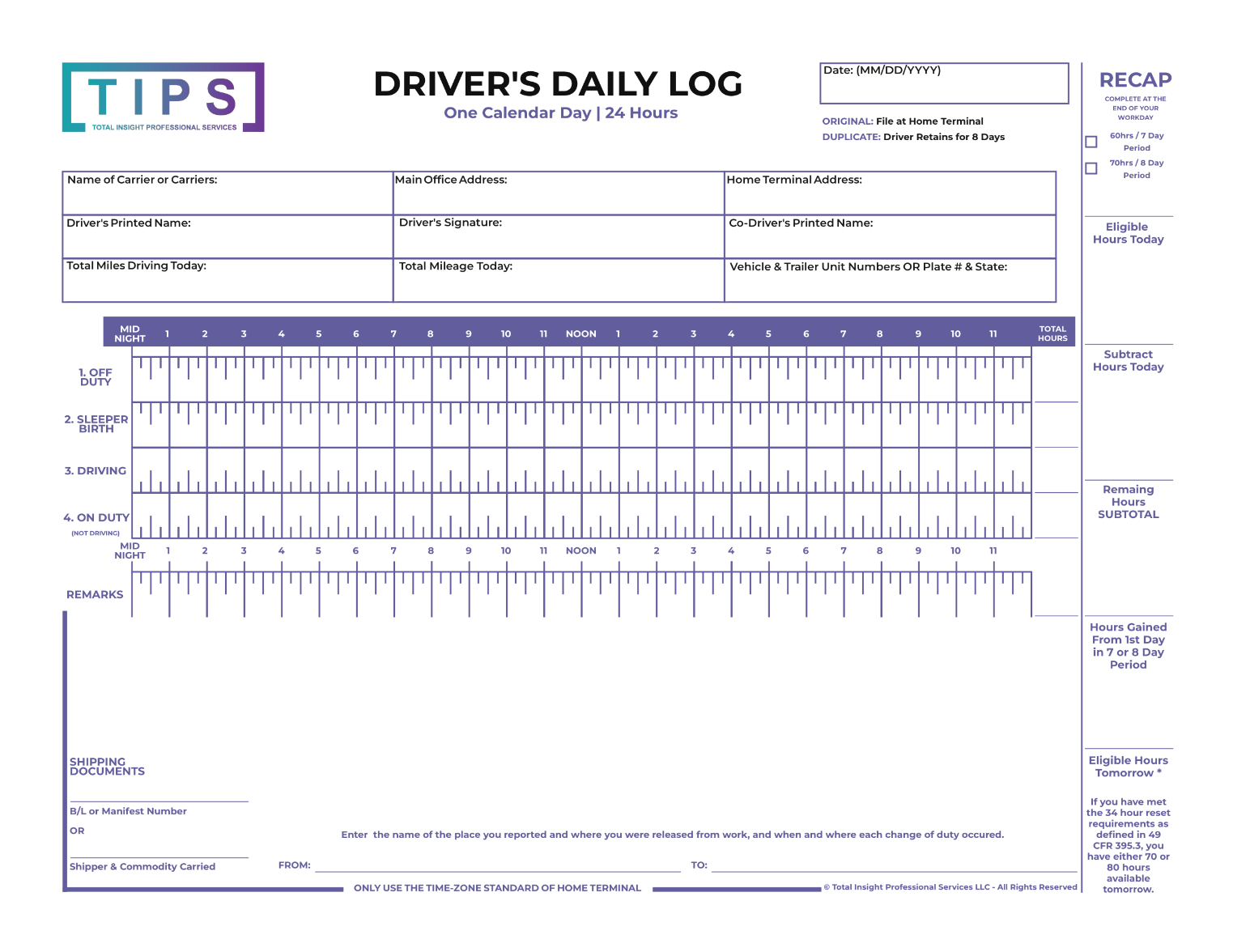 A blank driver’s daily log sheet with sections for driver information and a grid for tracking hours worked in different shifts, including night, sleeper, driving, and on-duty periods.