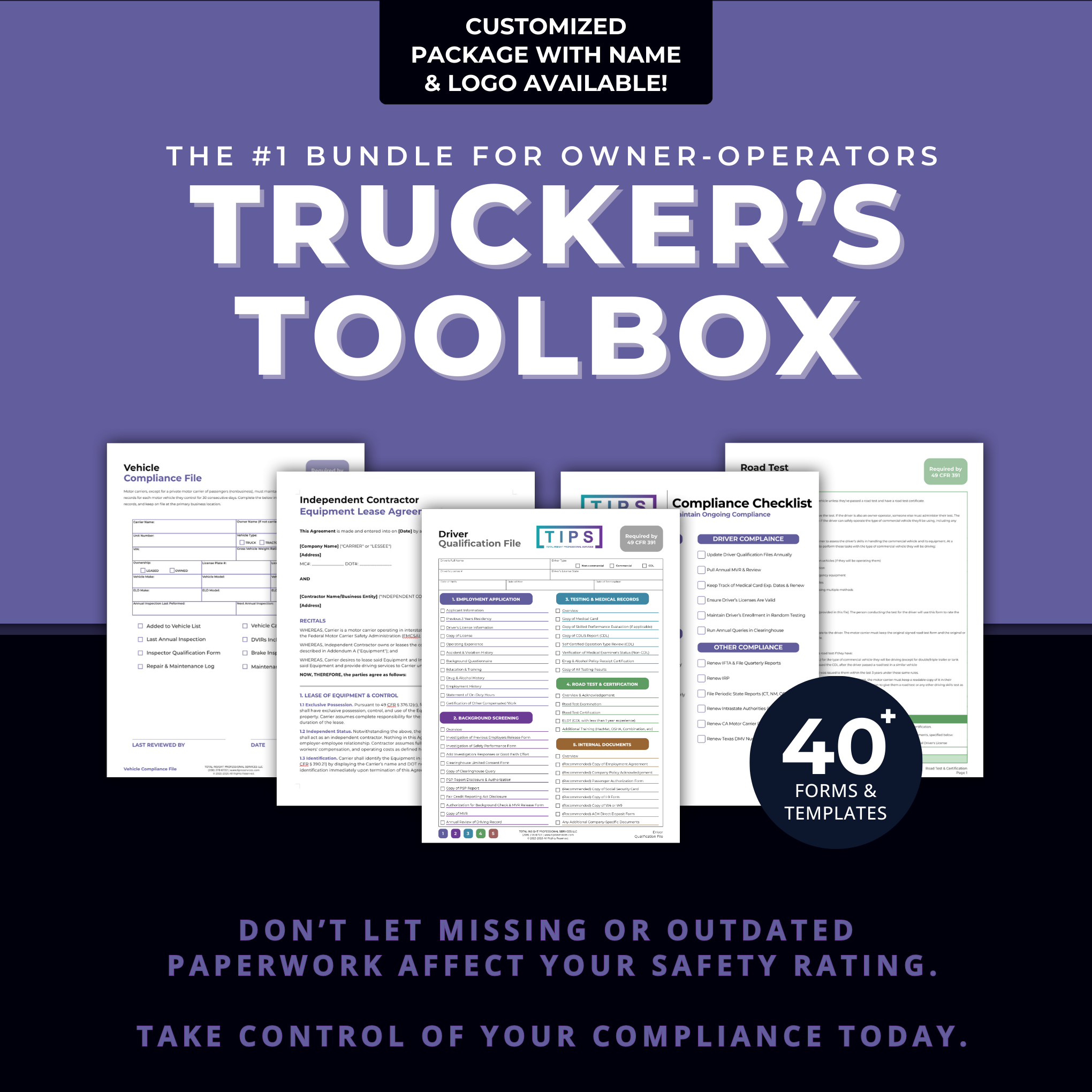 Cover of a trucker's toolbox guidebook featuring 40 forms and templates for owner-operators, including compliance and qualification forms, with the title 'The #1 Bundle for Owner-Operators Truckers Toolbox' and a note about customization options and importance of proper paperwork.